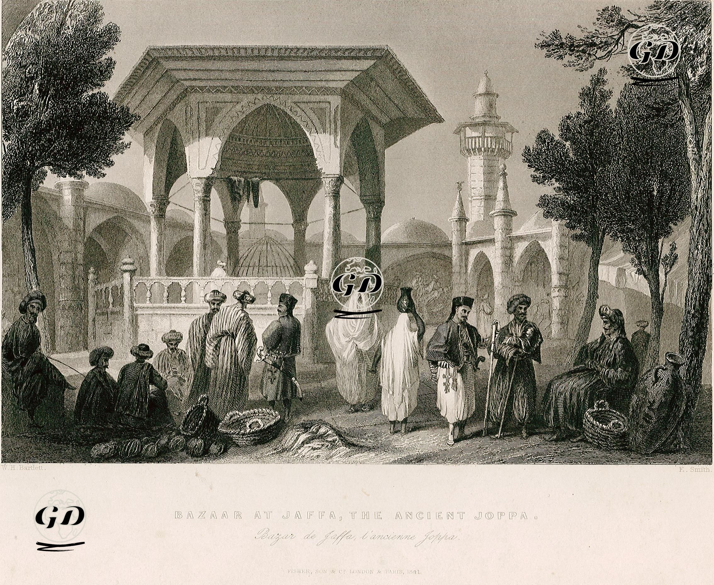 Mahmudiye Cami ve Ebu Nabbut Şadırvanın Yanındaki Pazar, Yafa, Eski Joppa - William Henry Bartlett (1809-1854) - 1841