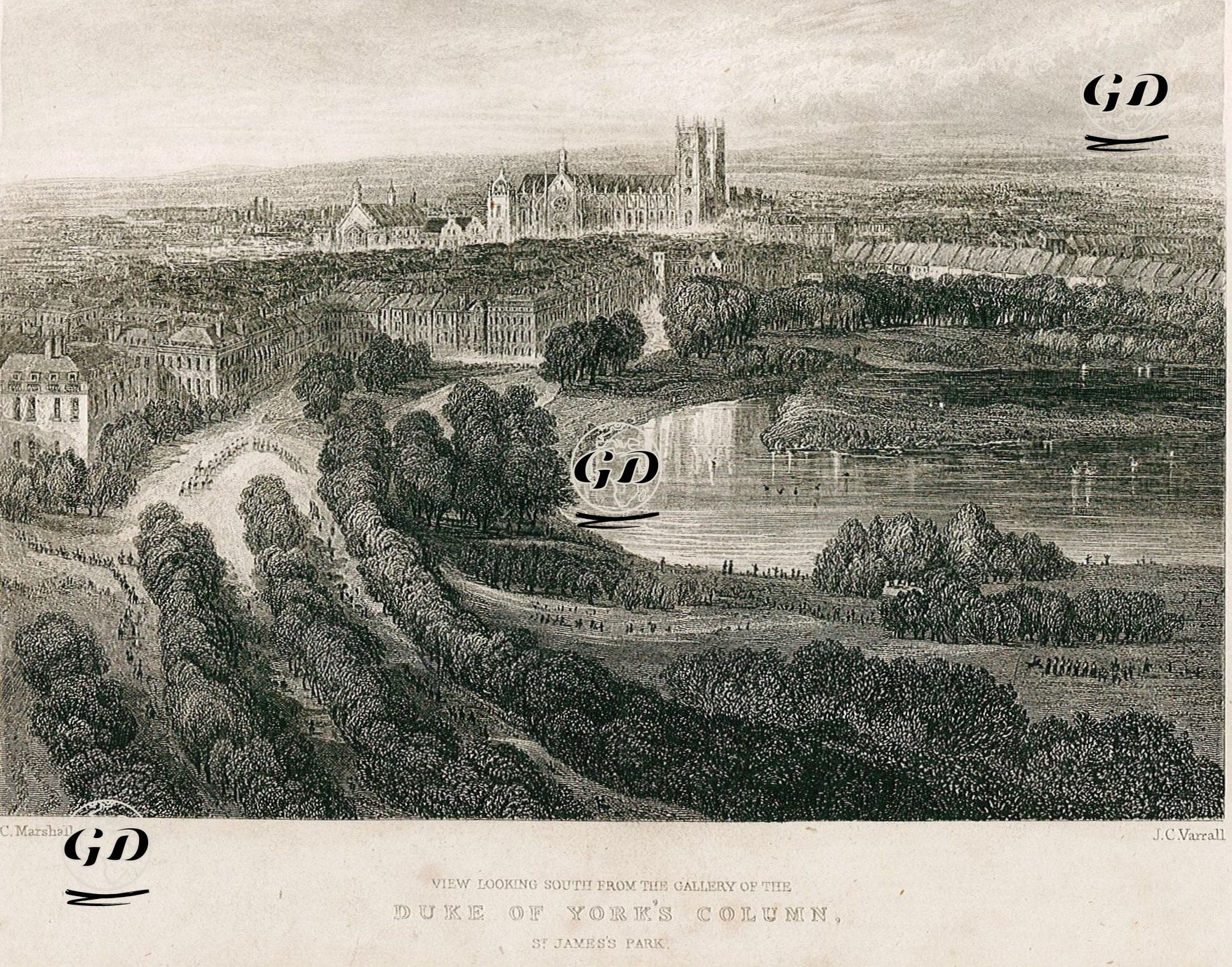 View Looking South From The Gallery Of The Duke Of York's Column, St. James's Park  - Charles Marshall (1806-1890) - 1838