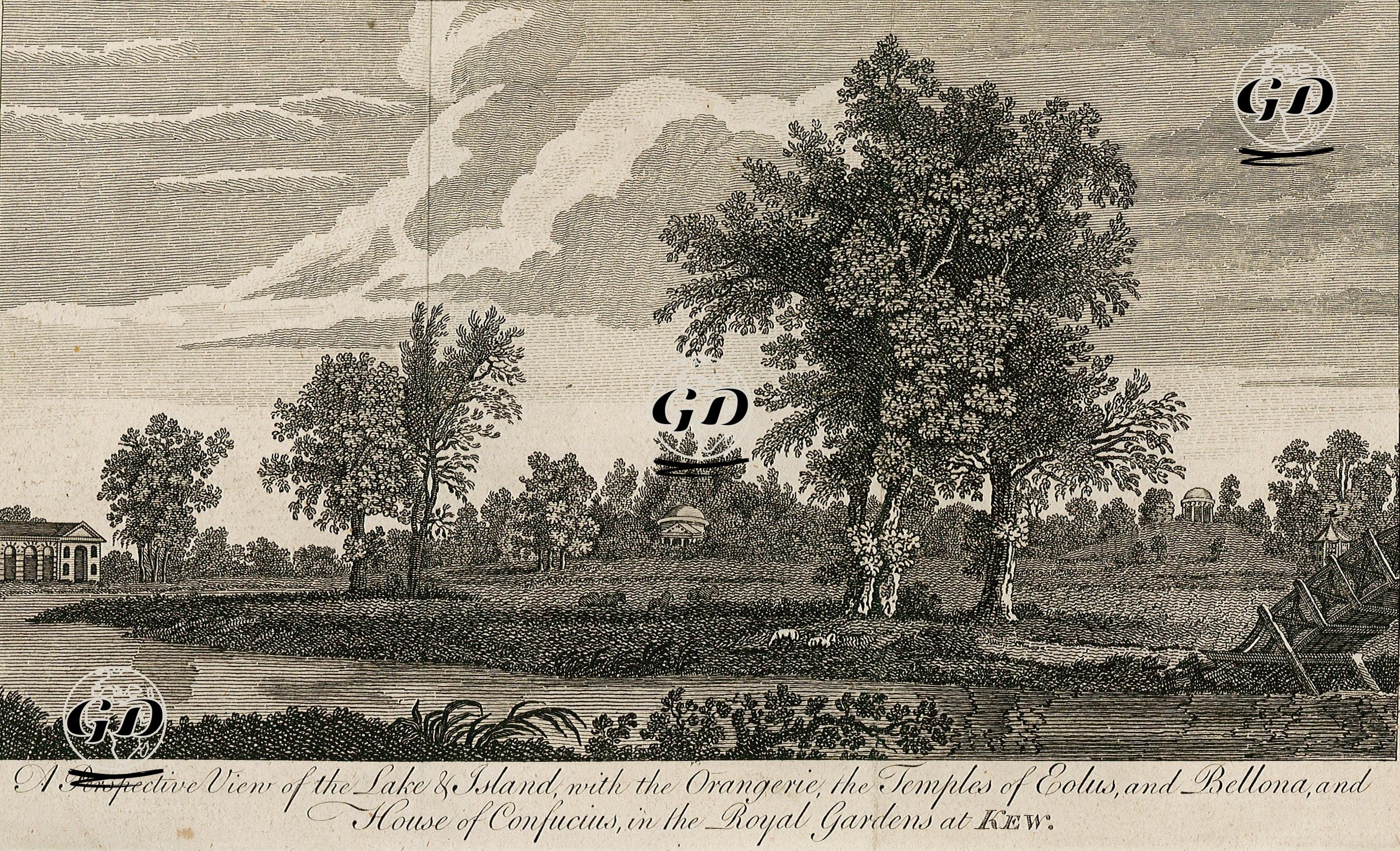 A Perspective Of The Lake & Island, With The Orangerie The Temples Of Eolus And Bellona And House Of Confucius In The Royal Gardens At Kew  -  - 1800's