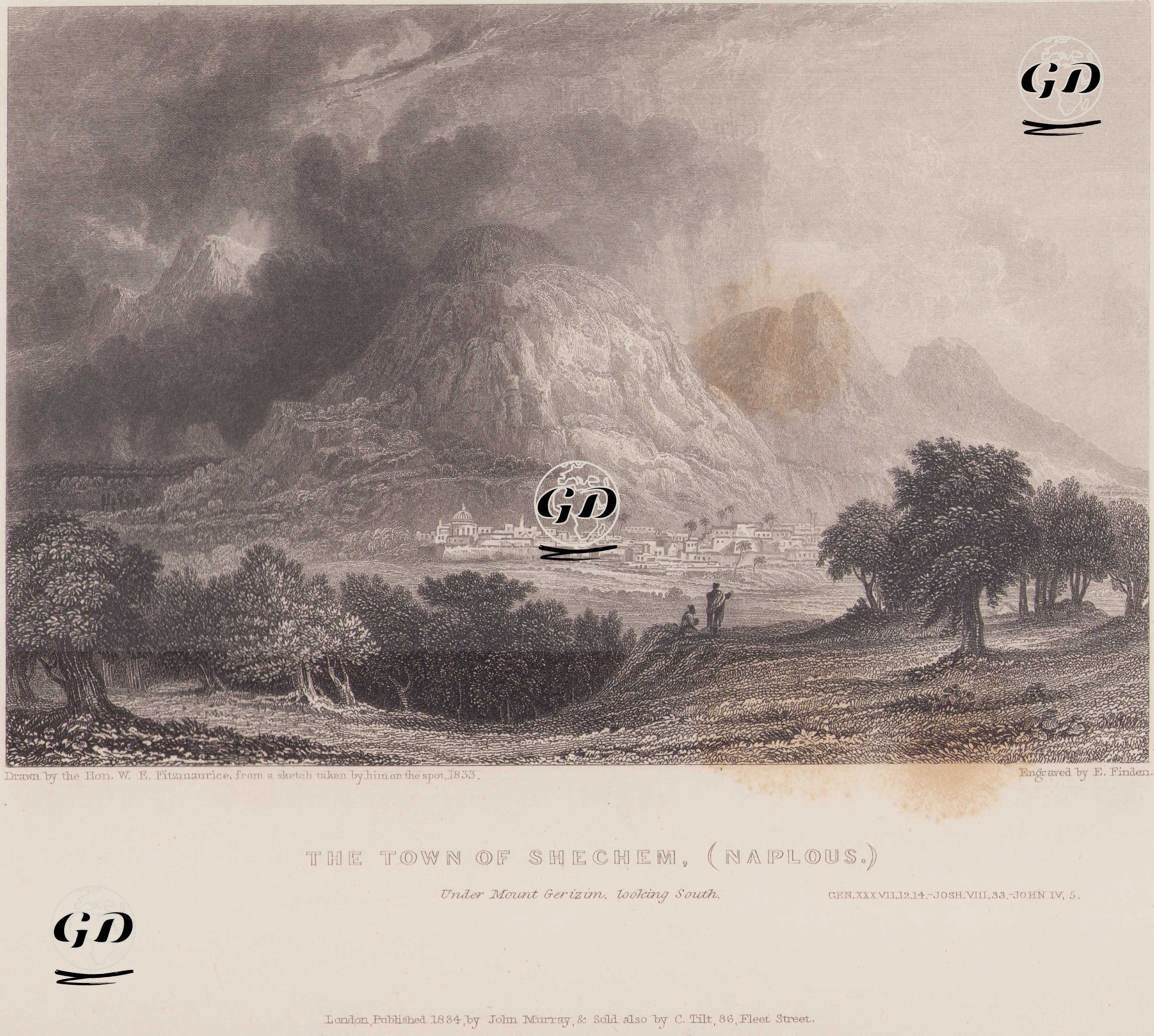 The Town Of Shechem (Naplous), Under Mount Gerizim, Looking South, Gen.XXXVII.12.14, Josh.VIII.33, John IV.5   - William Edward FitzMaurice (1805-1889) - 1834