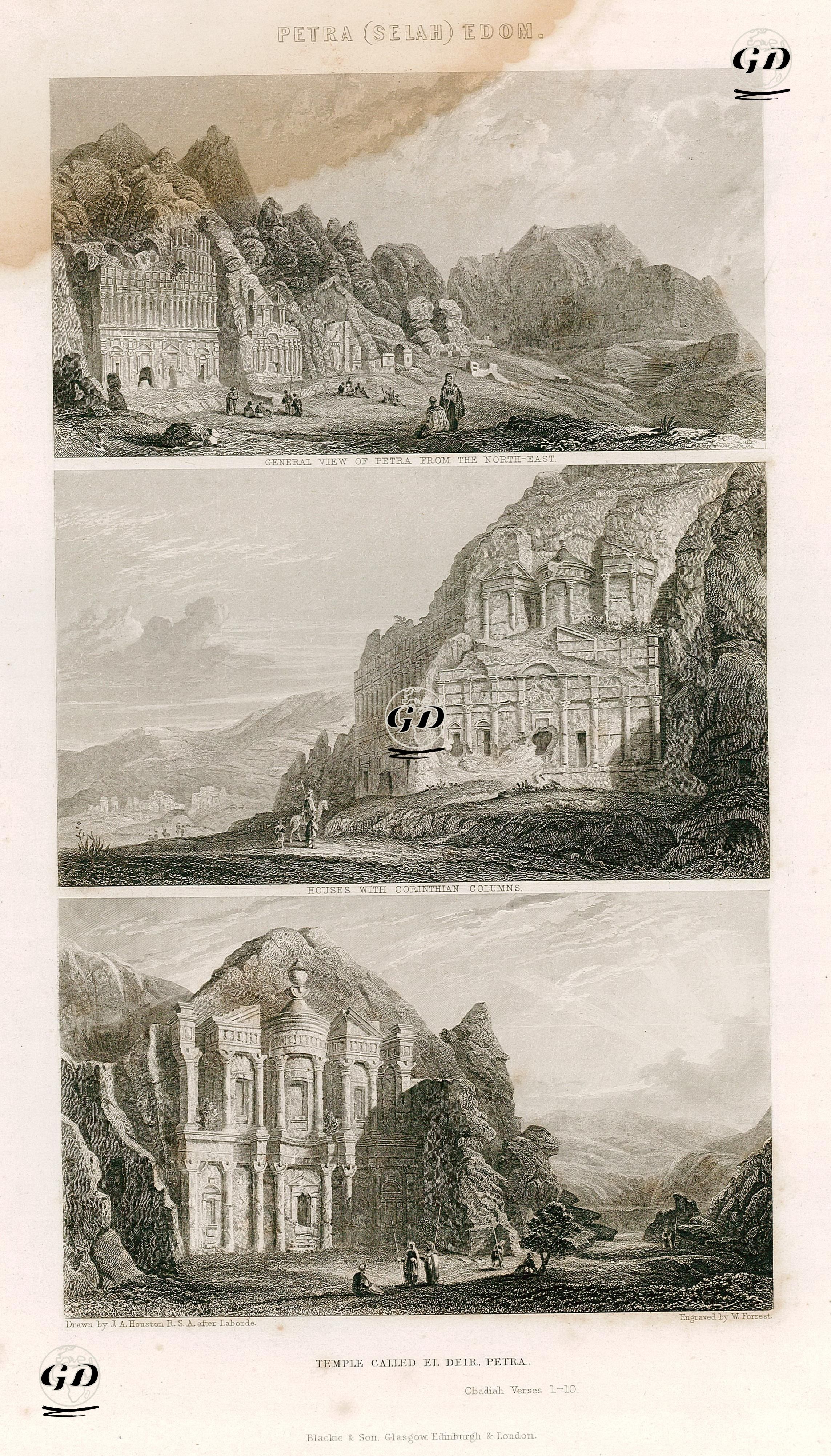 Petra Antik Kenti (Edom), Kuzeydoğudan Petra'nın Genel Görünümü, Corinthian Sütunları İle Birlikte Evler, Ed Deir 
Tapınağı (Manastırı) - John Adam Houston (1811-1884)-Leon Laborde (1807-1869) - 1864