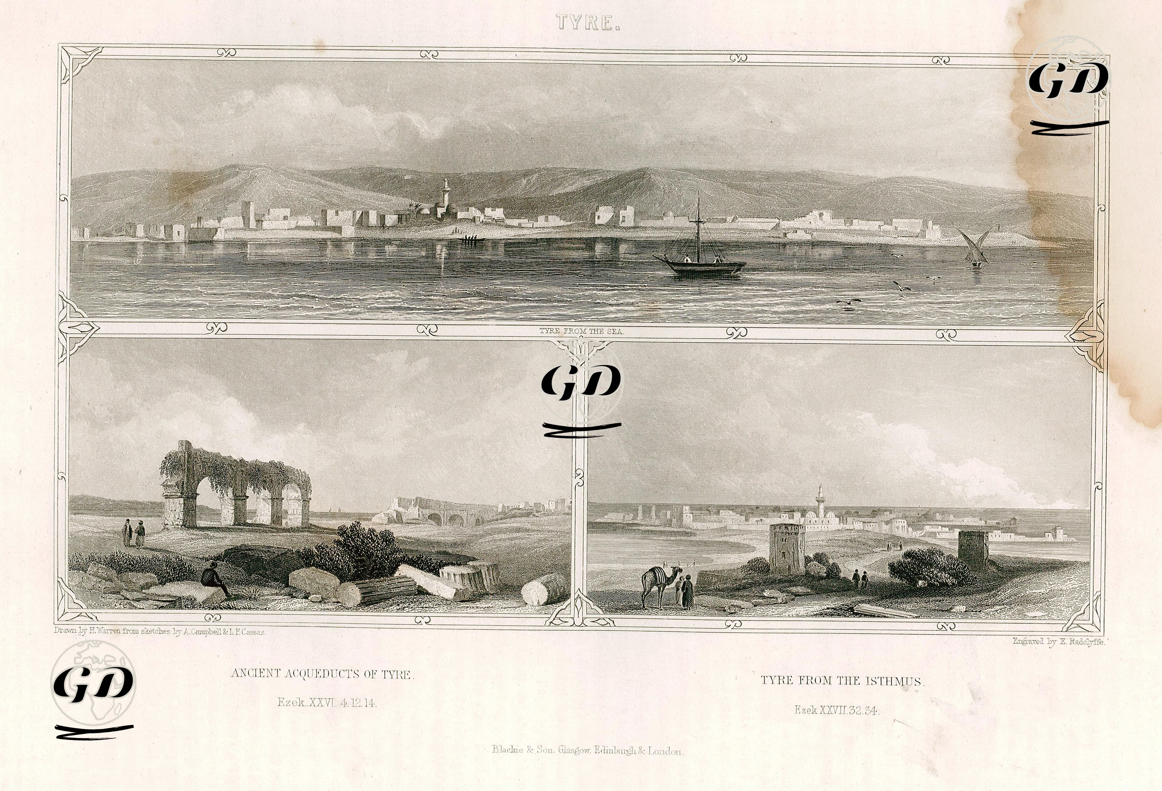 Sur Şehri-Denizden Sur Şehrinin Görüntüsü, Sur Şehrinin Eski Su Kemeri, Geçitden Sur Şehri - Henry Warren (1794-1879)-A.Campbell-L.F.Cassas - 1864