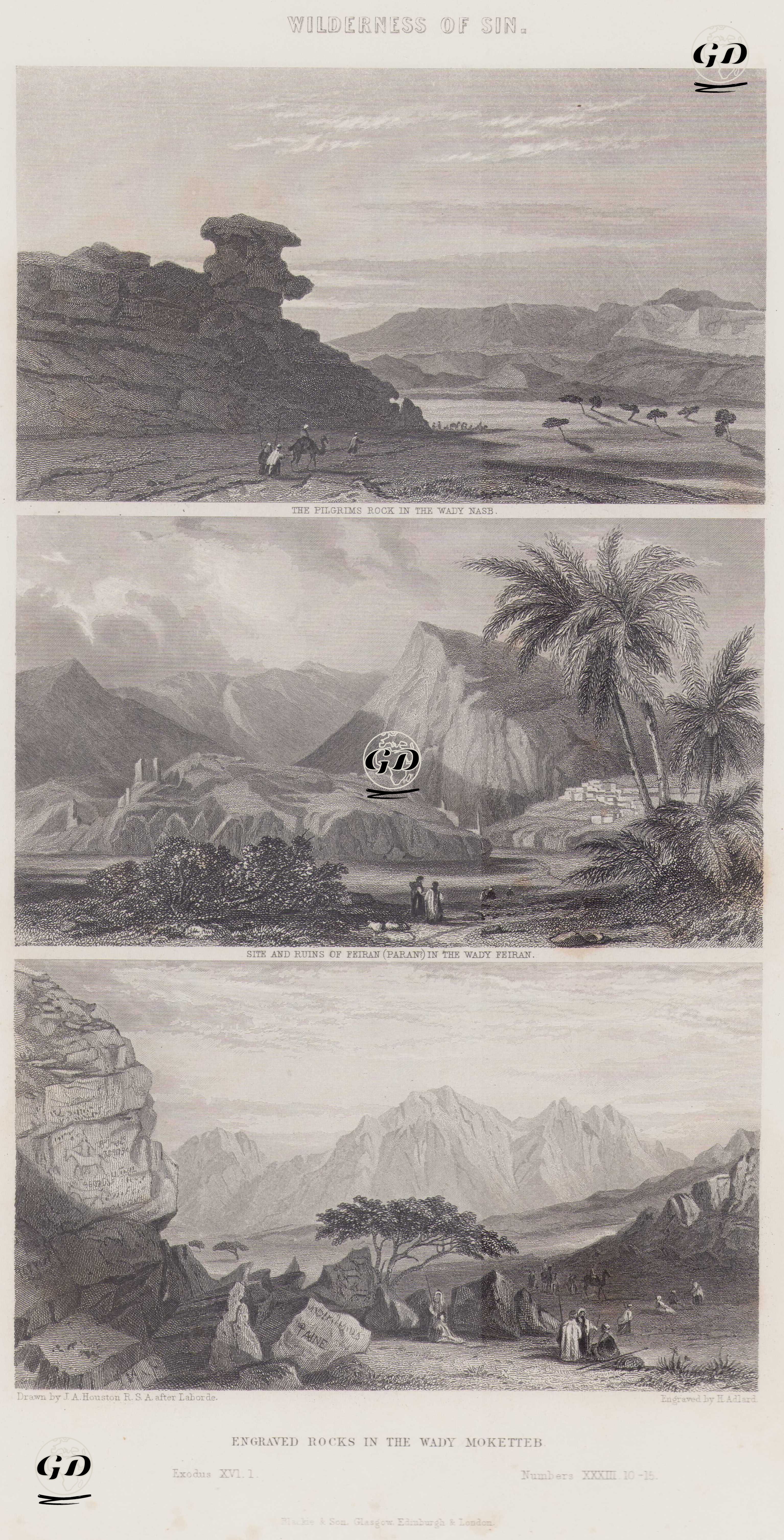 Elim ile Sina Arasındaki Sin Çölünün Issızlığı- Nasb Vahasındaki Hacılar Kayası, Feiran Vahasındaki Feiran Harabeleri , Moketteb Vahasında Yazılı Kayalar - John Adam Houston (1811-1884)-Leon Laborde (1807-1869) - 1864