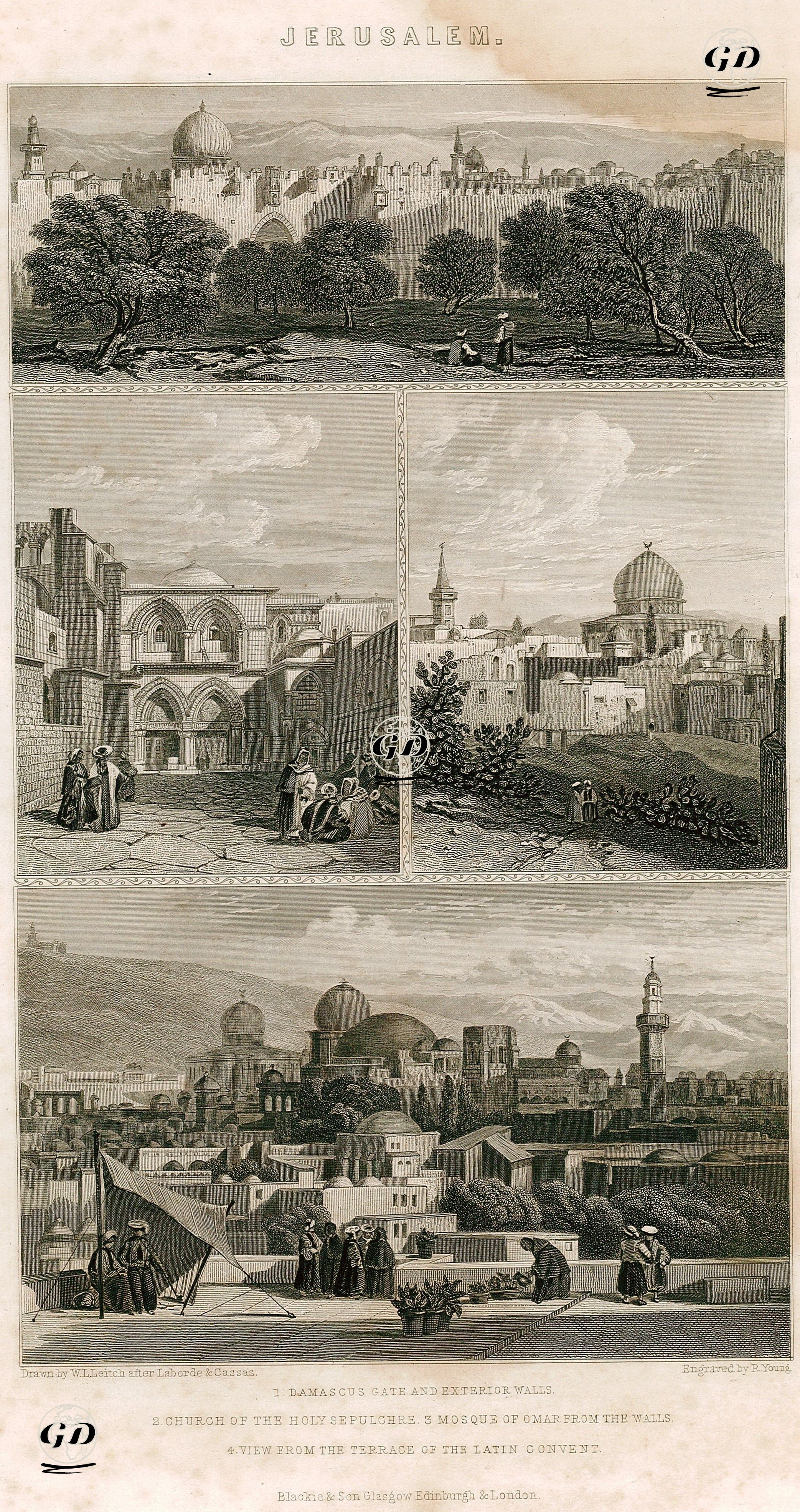 Jerusalem-1.Damascus Gate and Exterior Walls 2.Church of The Holy Sepulchre 3.Mosque of Omar From The Walls 4.View From the Terrace of The Latin Convent  - William Leighton Leitch (1804-1883) - 1864