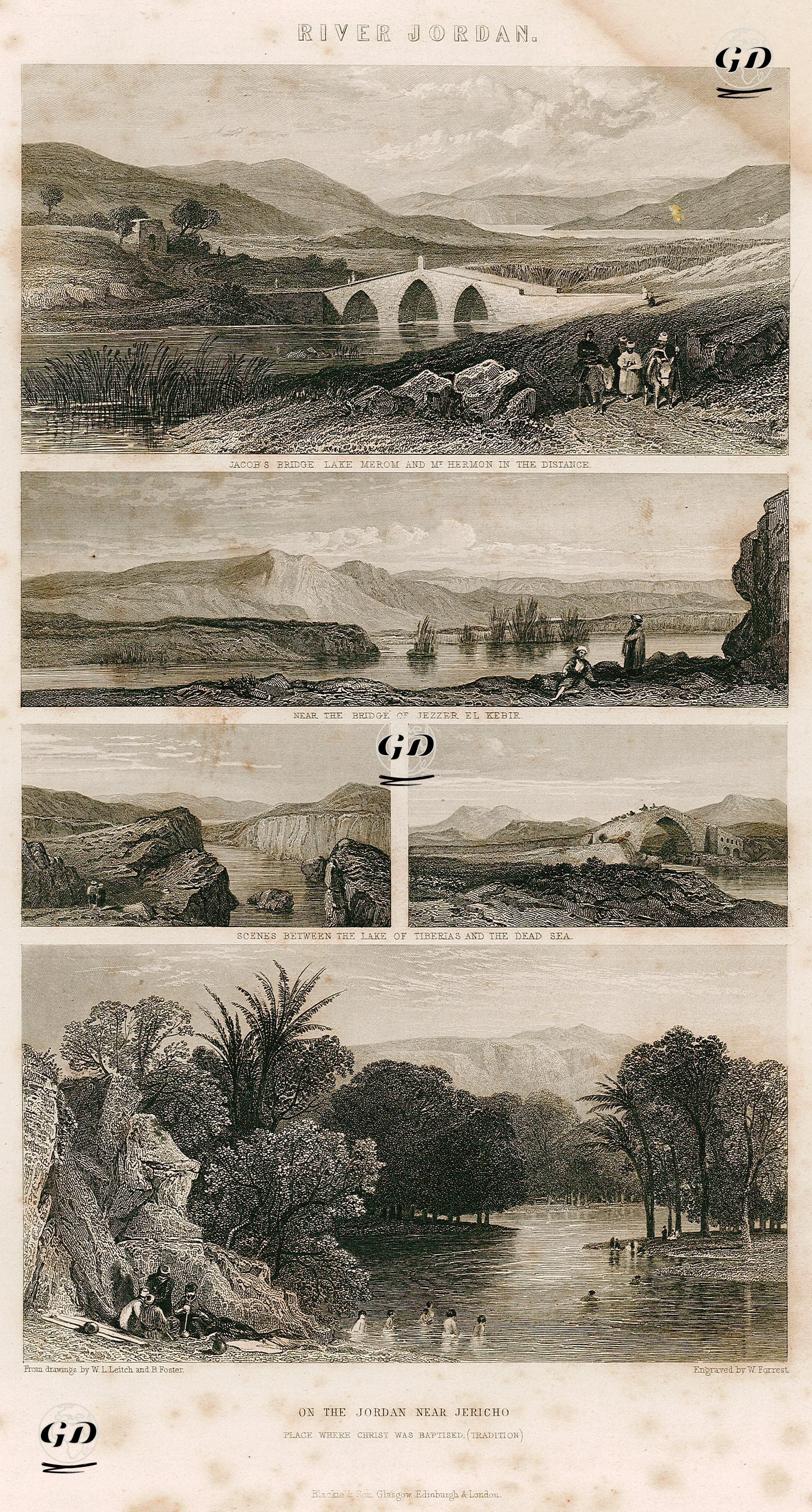 River Jordan-Jacob's Bridge Lake Merom And Mt.Hermon in The Distance-Near the Bridge Jezzer El Kebir- Scenes Between Lake Of Tiberias and The Dead Sea-On The Jordan Near Jericho, Place Where Christ Was Baptised (Tradition) - William Leighton Leitch (1804-1883)-Myles Birket Foster (1825–1899) - 1864