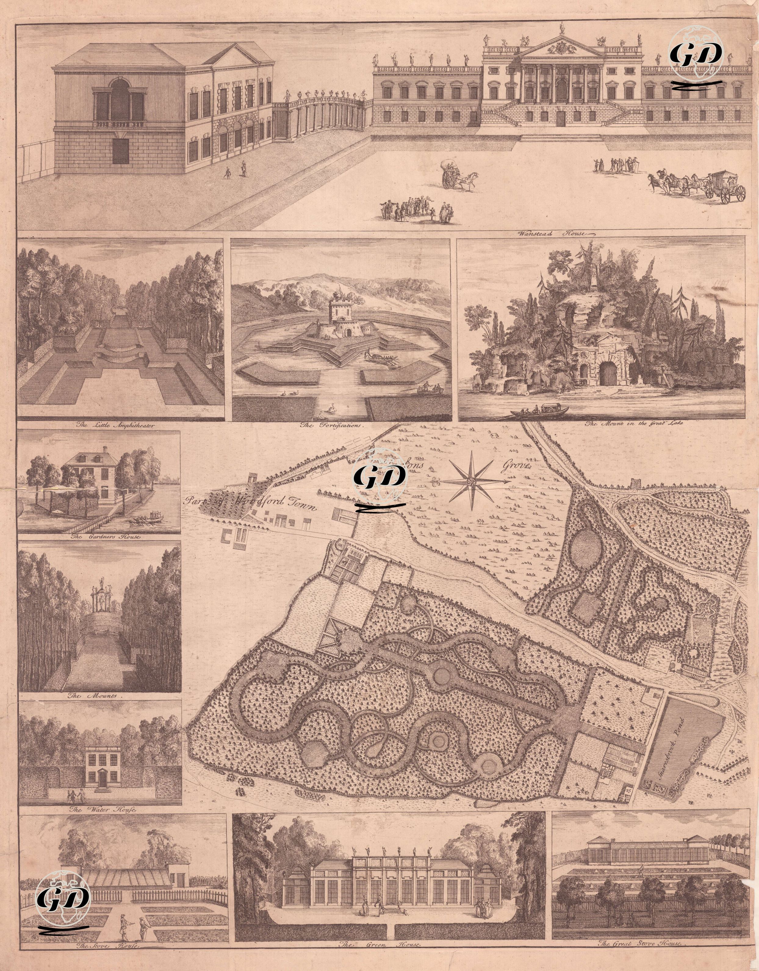 Plan and Views of Wanstead House and Park in the Borough of Redbridge, London (The Little Amphitheatre, The Fortifications, The Mounts in The Great Lake, The Gardener's House, The Mounts, The Water House, The Stove House, The Green House, The Great Stove House) -  - 1730's