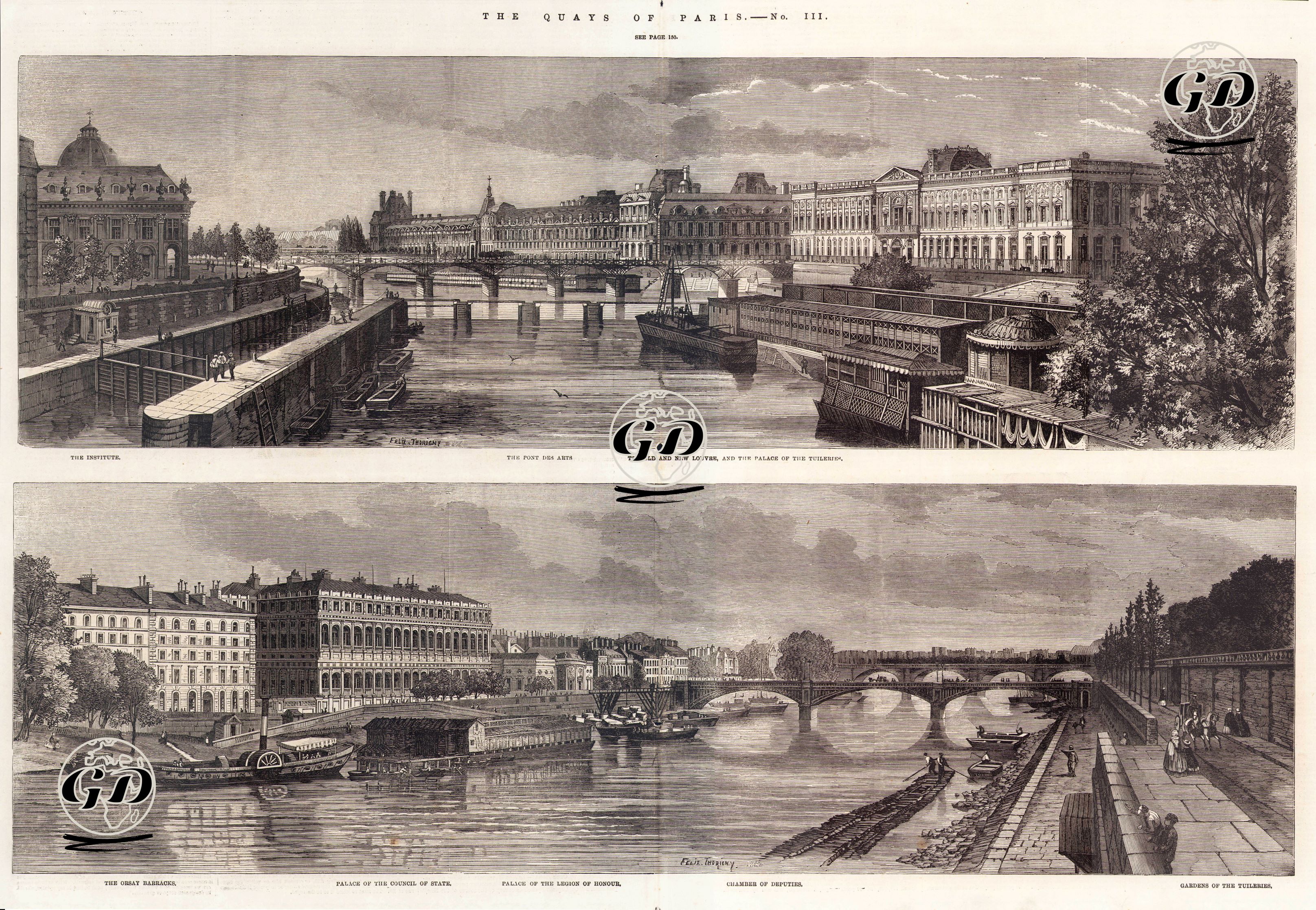 Paris Rıhtımları- Enstitü, Sanatlar Köprüsü, Eski ve Yeni Louvre, Tuileries Sarayı, Orsay Müzesi, Hükümet Sarayı, Legion of Honour Sarayı(Müzesi), Meclis Binası, Tuileries Bahçesi - Felix Thorigny (1824-1870) - 1863