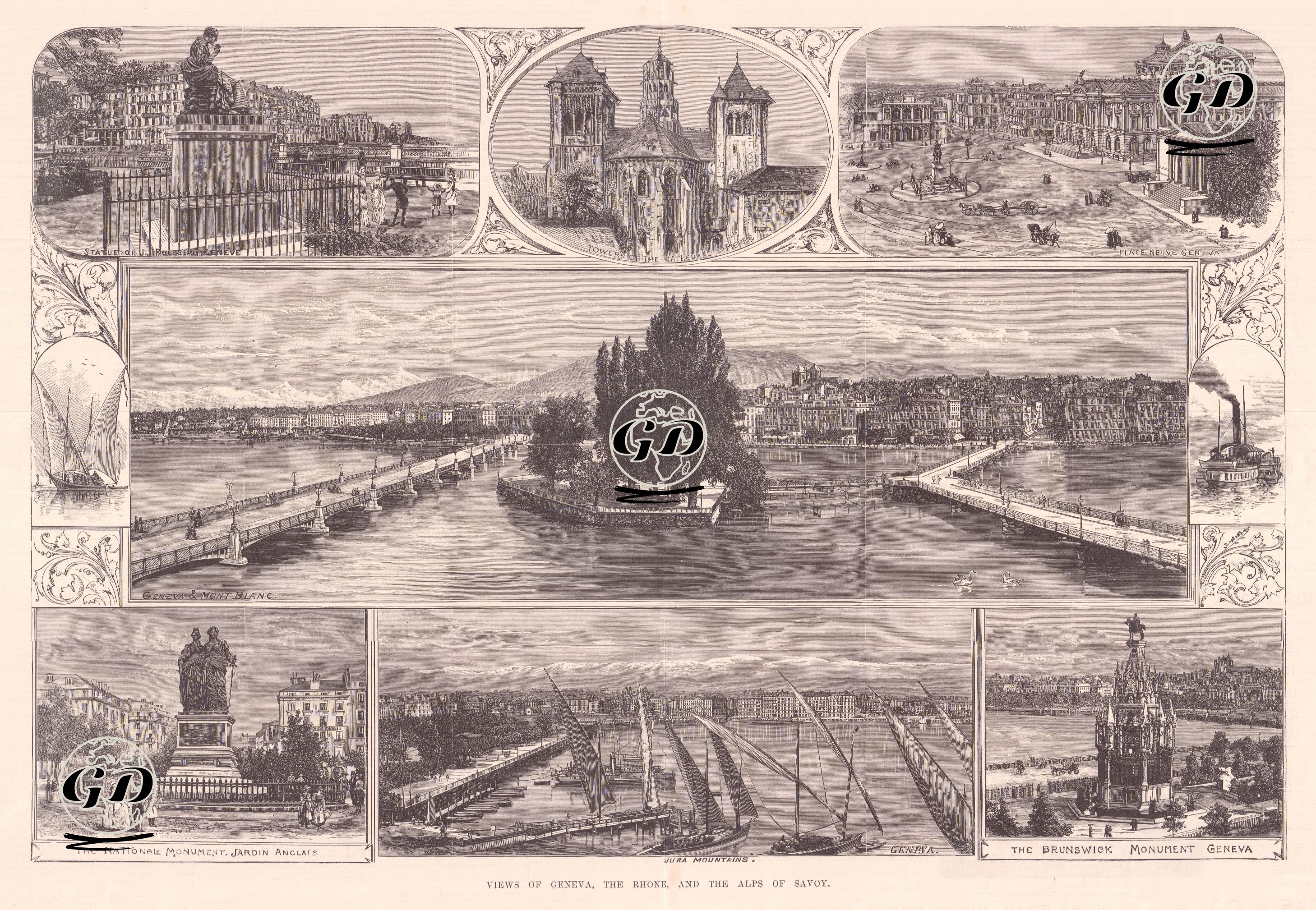 Views of Geneva, The Rhone And The Alps Of Savoy-Statue Of J.J.Rousseau, Towers Of The Cathedral St.Pierre, Place Neuve, Mont Blanc, The National Monument Jardin Anglais, Jura Mountains, The Brunswick Monument -  - 1887