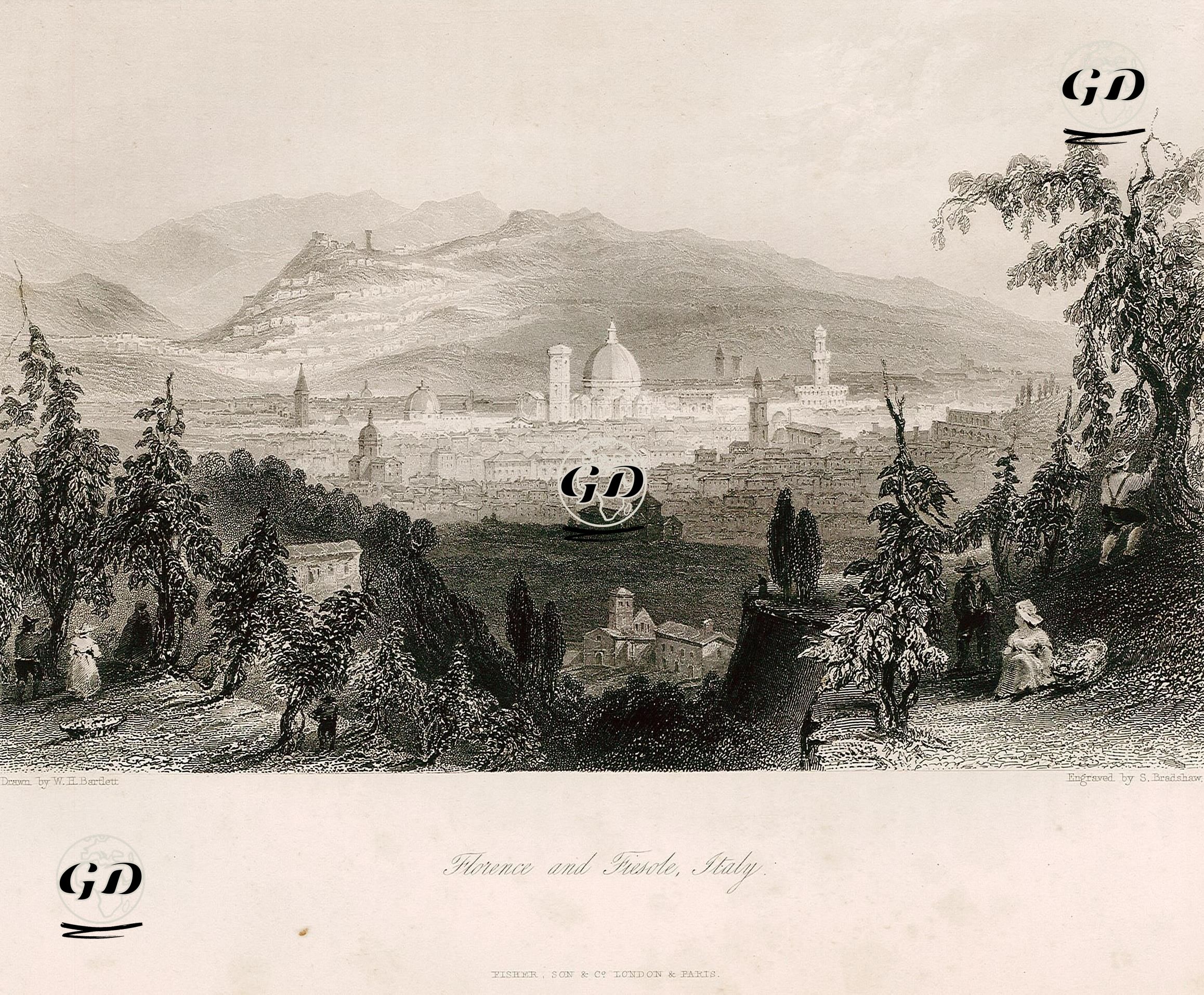 Floransa ve Fiosele, İtalya - William Henry Bartlett (1809-1854) - 1840