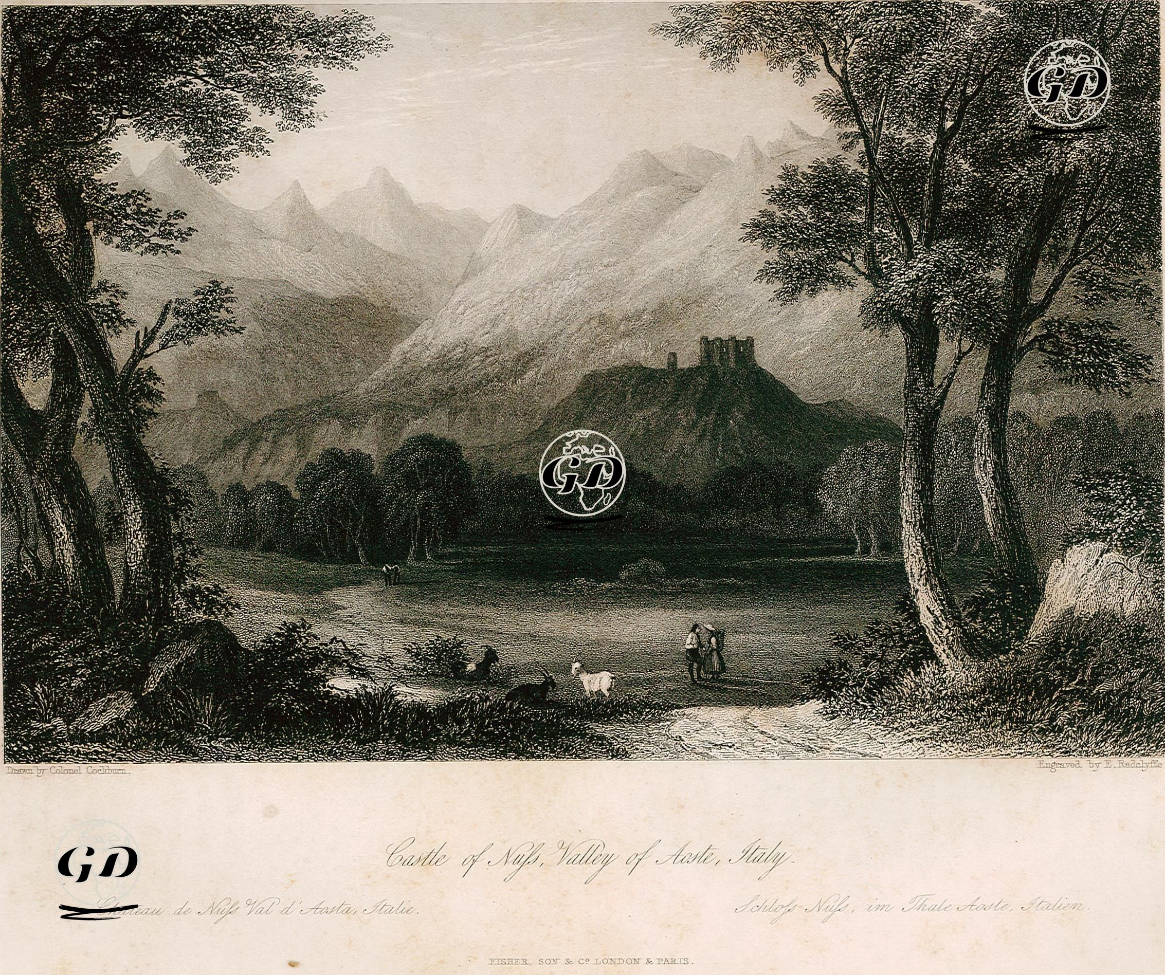 Nuss Kalesi, Aoste Vadisi, İtalya - Colonel Cockburn - 1840