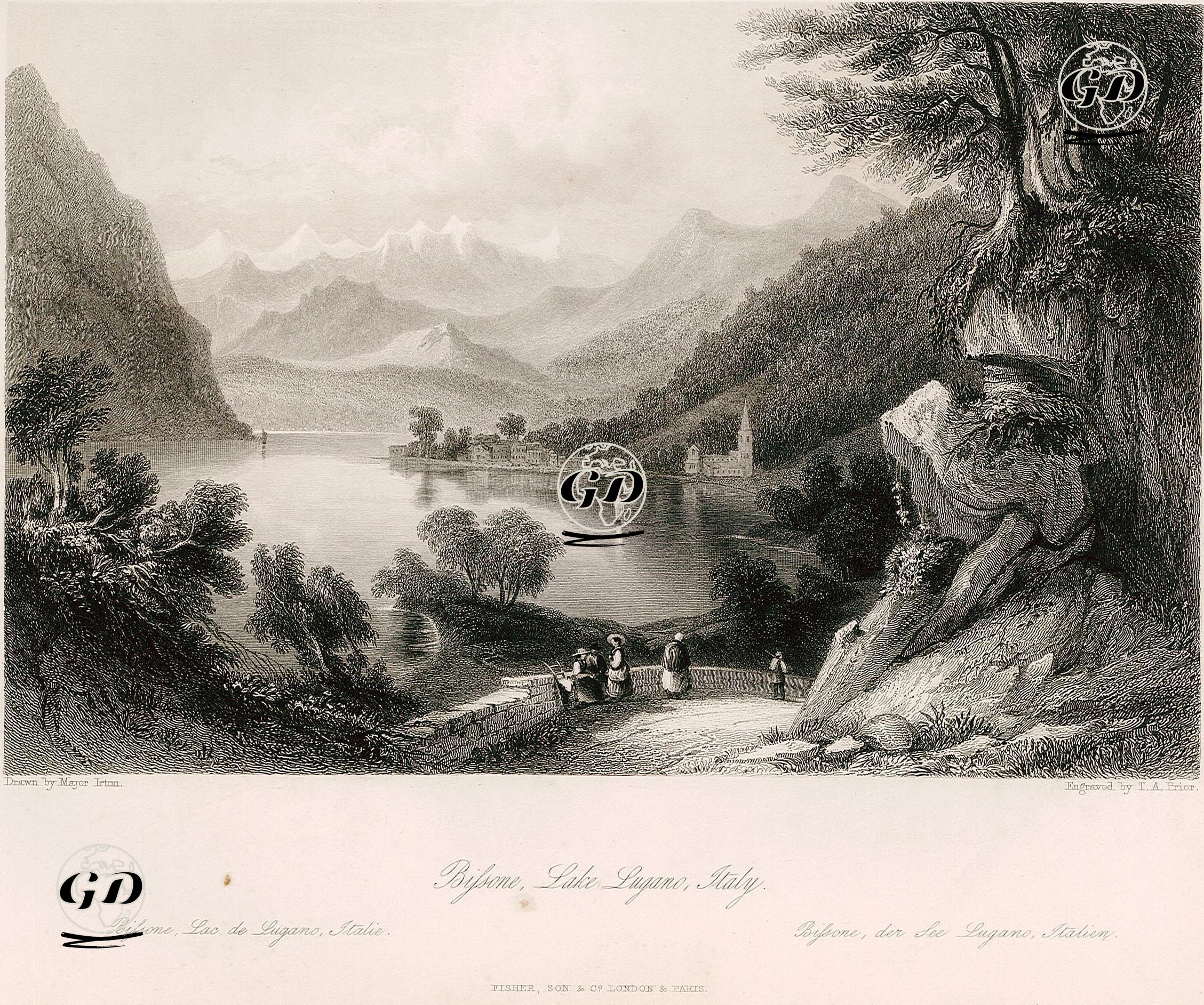 Bissone, Lake Lugano, Italy-Bissone, Lac De Lugano, Italie-Bissone Der See Lugano, Italien  - Major Irton - 1840