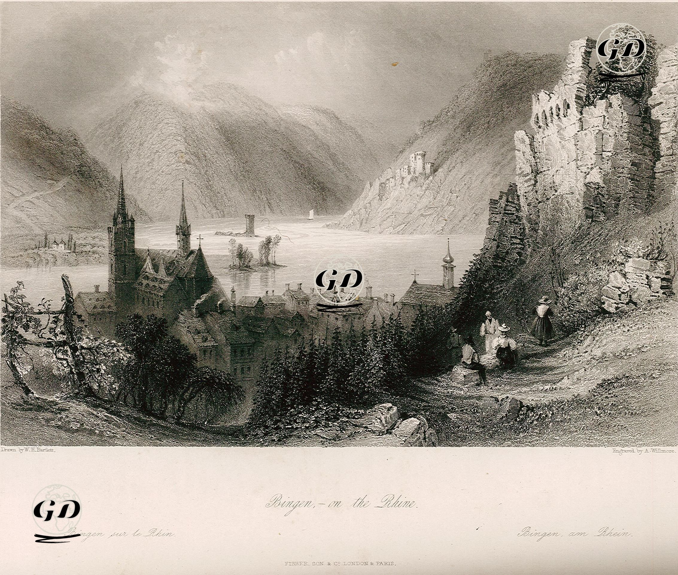 Ren Nehri Üzerinde Bingen am Rhein - William Henry Bartlett (1809-1854) - 1842