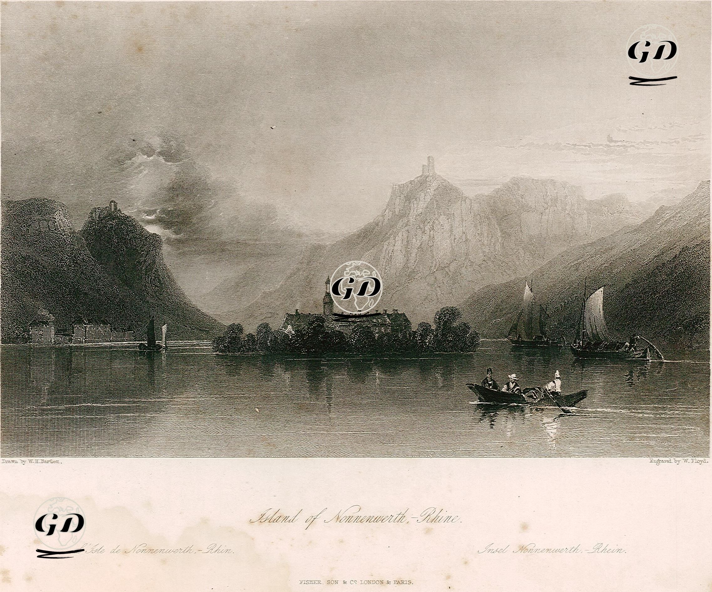 Island Of Nonnenwerth, Rhine-L'Isle De Nonnenwerth, Rhin-Insel Nonnenwerth, Rhein - William Henry Bartlett (1809-1854) - 1842