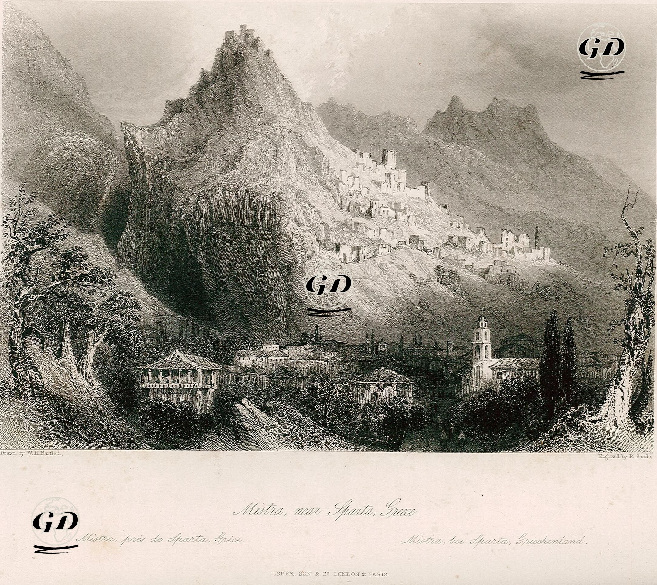 Sparta Antik Şehrinin Yakınındaki Mistra, Yunanistan - William Henry Bartlett (1809-1854) - 1842