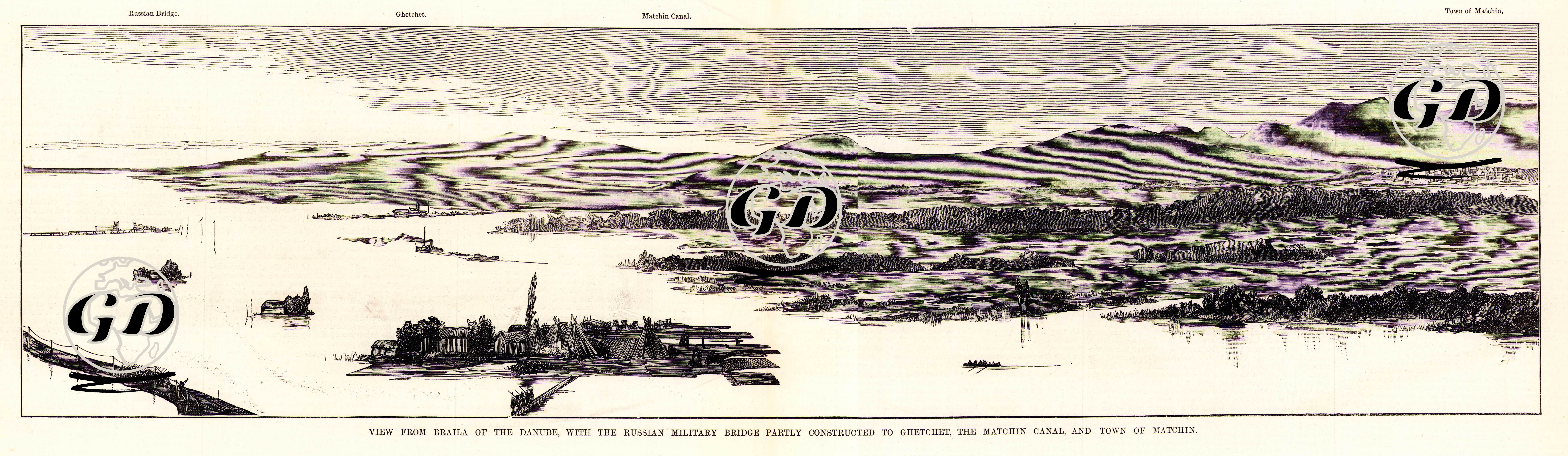 View From Braila Of The Danube With The Russian Military Bridge Partly Constructed To Ghetchet, The Matchin Canal And Town of Matchin  -  - 1877
