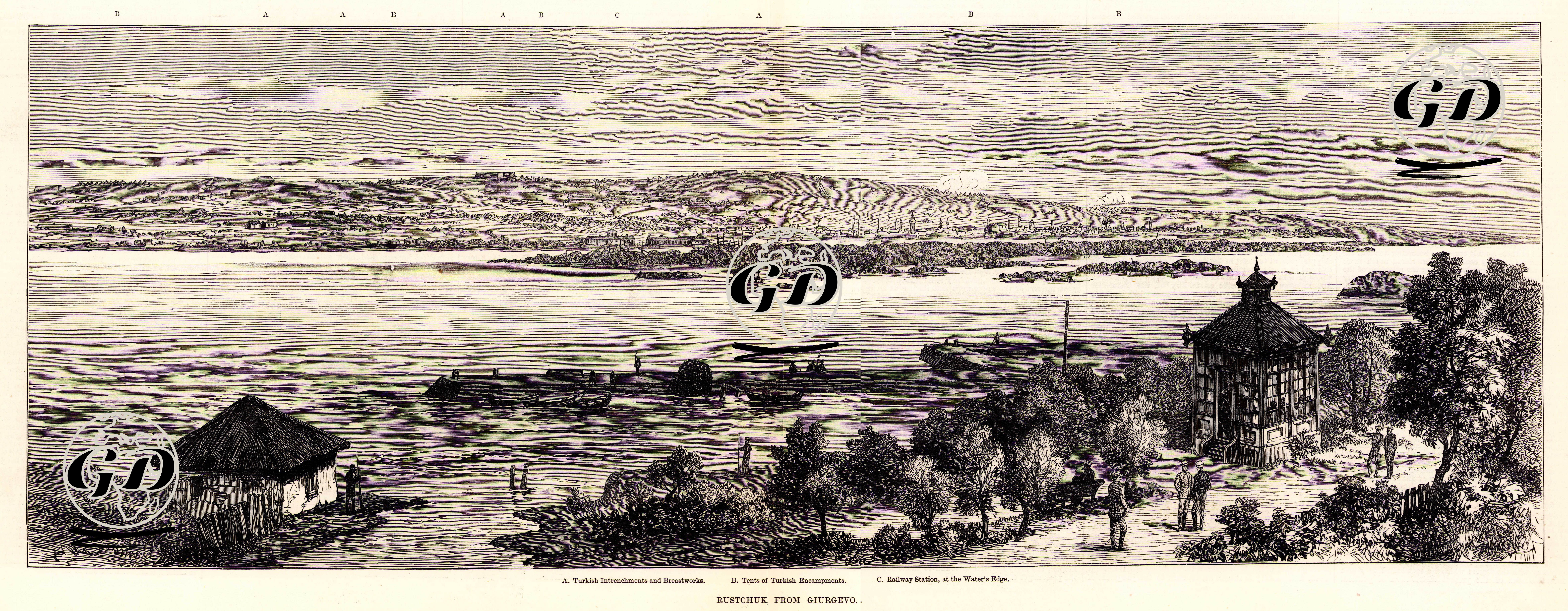93 Harbi Sırasına Yergöğü'ndan Rusçuk Şehri, A.Türk Siperleri B.Türk Ordusunun Kampı C.Tren İstasyonu -  - 1877