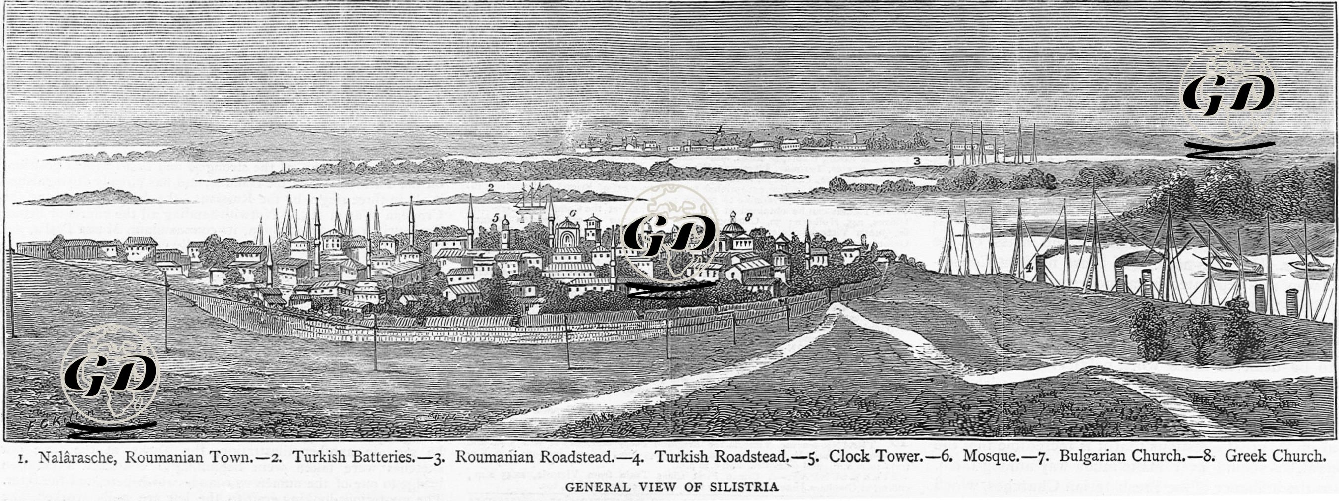 General View Of Silistria-1.Nalarasche, Roumanian Town 2.Turkish Batteries 3.Roumanian Roadstead 4.Turkish Roadstead 5.Clock Tower 6.Mosque 7.Bulgarian Church 8.GreekChurch -  - 1877
