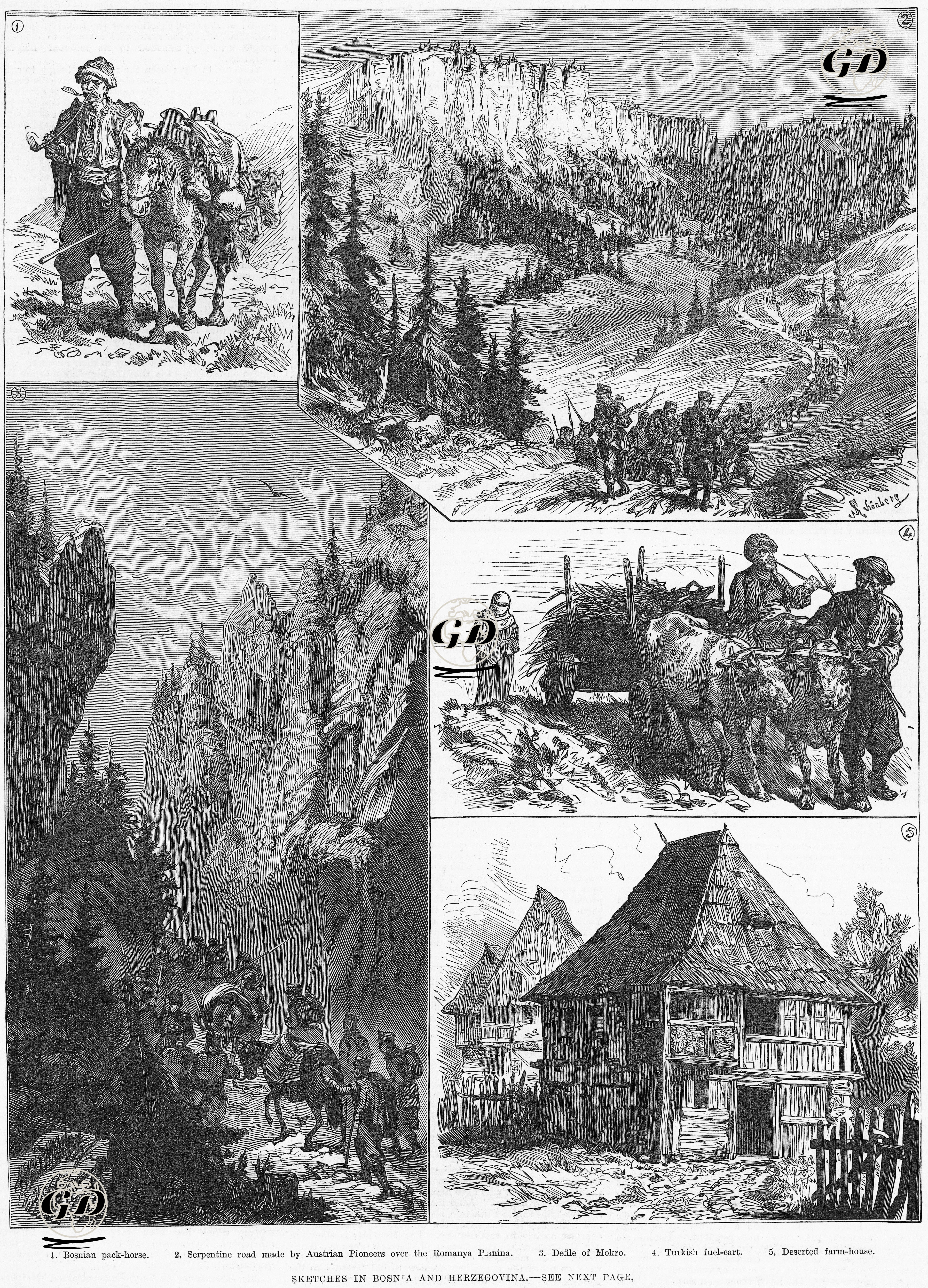 Bosna Hersek'den Çizimler-1.Bosnalının Yük Atı 2.Romanya Dağlarında Avusturyalı Esirler tarafından Yapılan Kıvrımlı Yol 3.Mokro Geçiti 4.Türk Yakacak Kağnısı 5.Terkedilmiş Çiftlik Evi -  - 1882