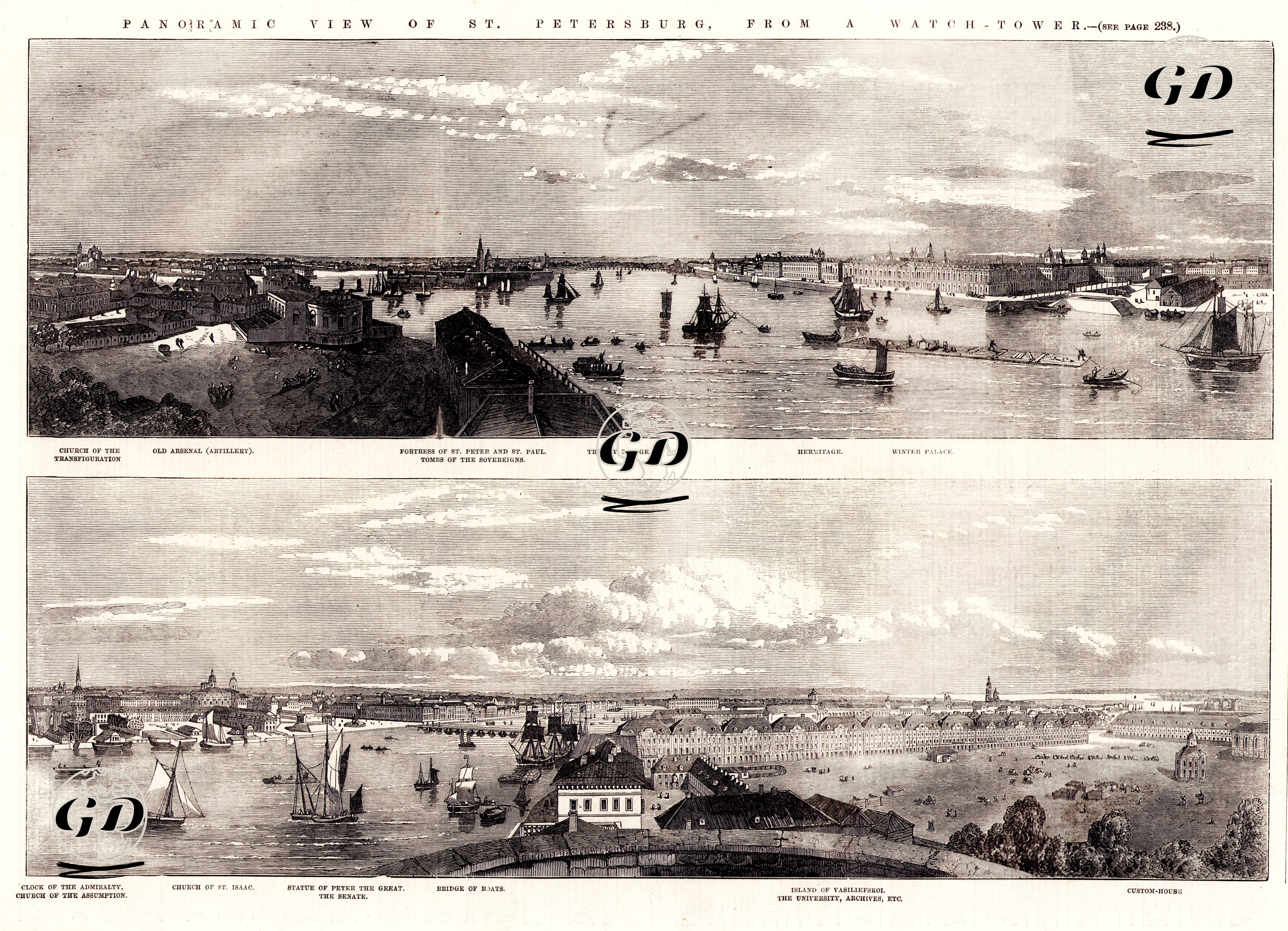 St.Petersburg'un Panoramik Görünümü-Transfiguration (Tecelli) Kilisesi, Tophane, Peter Ve Paul Kalesi,Tombs Of The Sovereigns(Kral Mezarları), Trinity Köprüsü, Hermigate 
(Ermitaj Müzesi), Kışlık Saray-Admiralty Kulesi, Assumption of Mary (Hazreti Meryem'in Göğe Kabulü) Kilisesi, Saint İsaac Katedrali, Büyük Petro Heykeli, Senato, Bridge Of Boats, Vasilyevsky Adası, Üniversite, Gümrük Binası -  - 1855