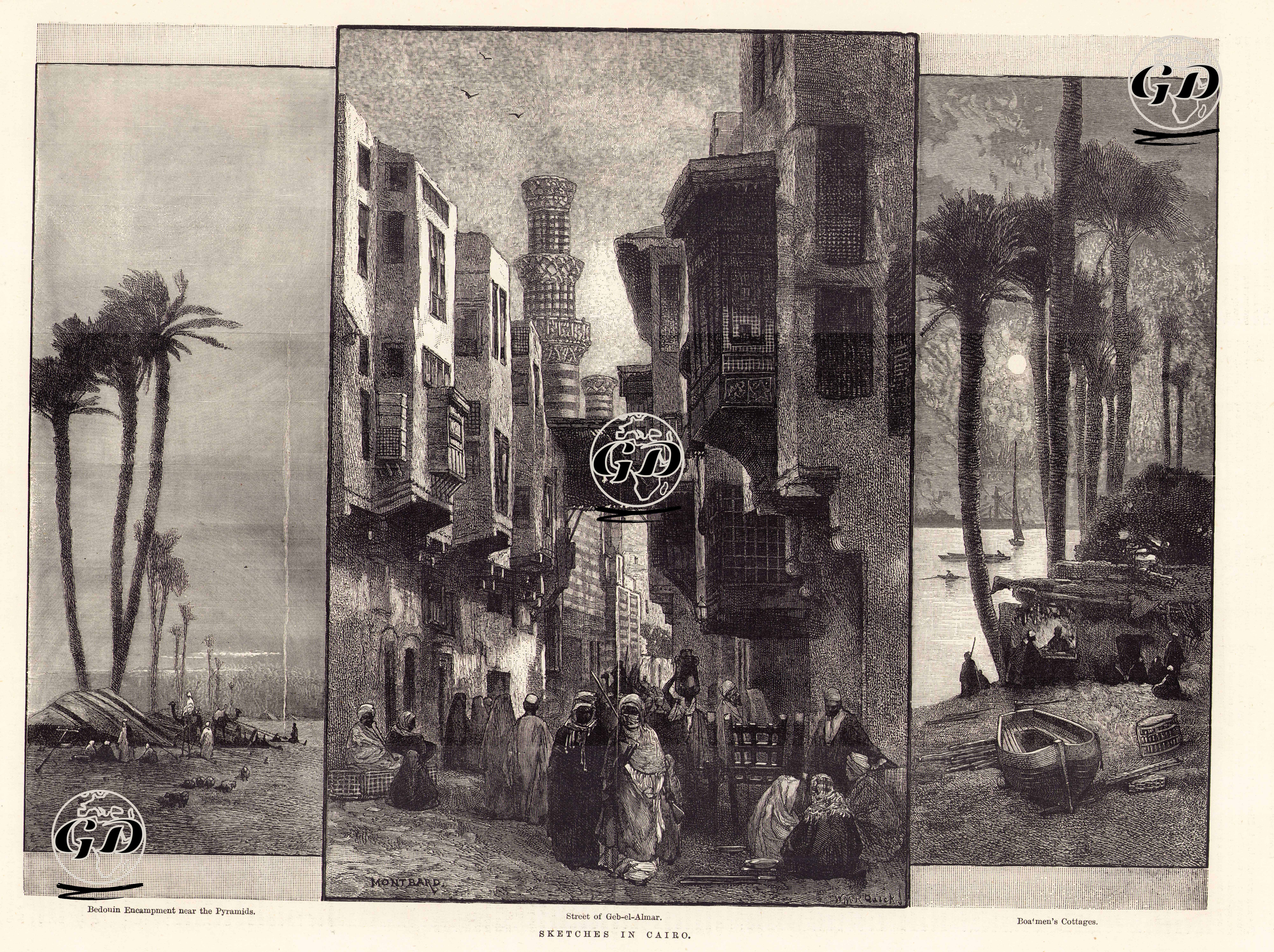 Kahireden Çeşitli Çizimler-Piramitlerin Yakınlarındaki Bedevi Kampı, Geb El Almar Caddesi, Kayıkçıların Kulübeleri - George Montbard (1841-1905) - 1883