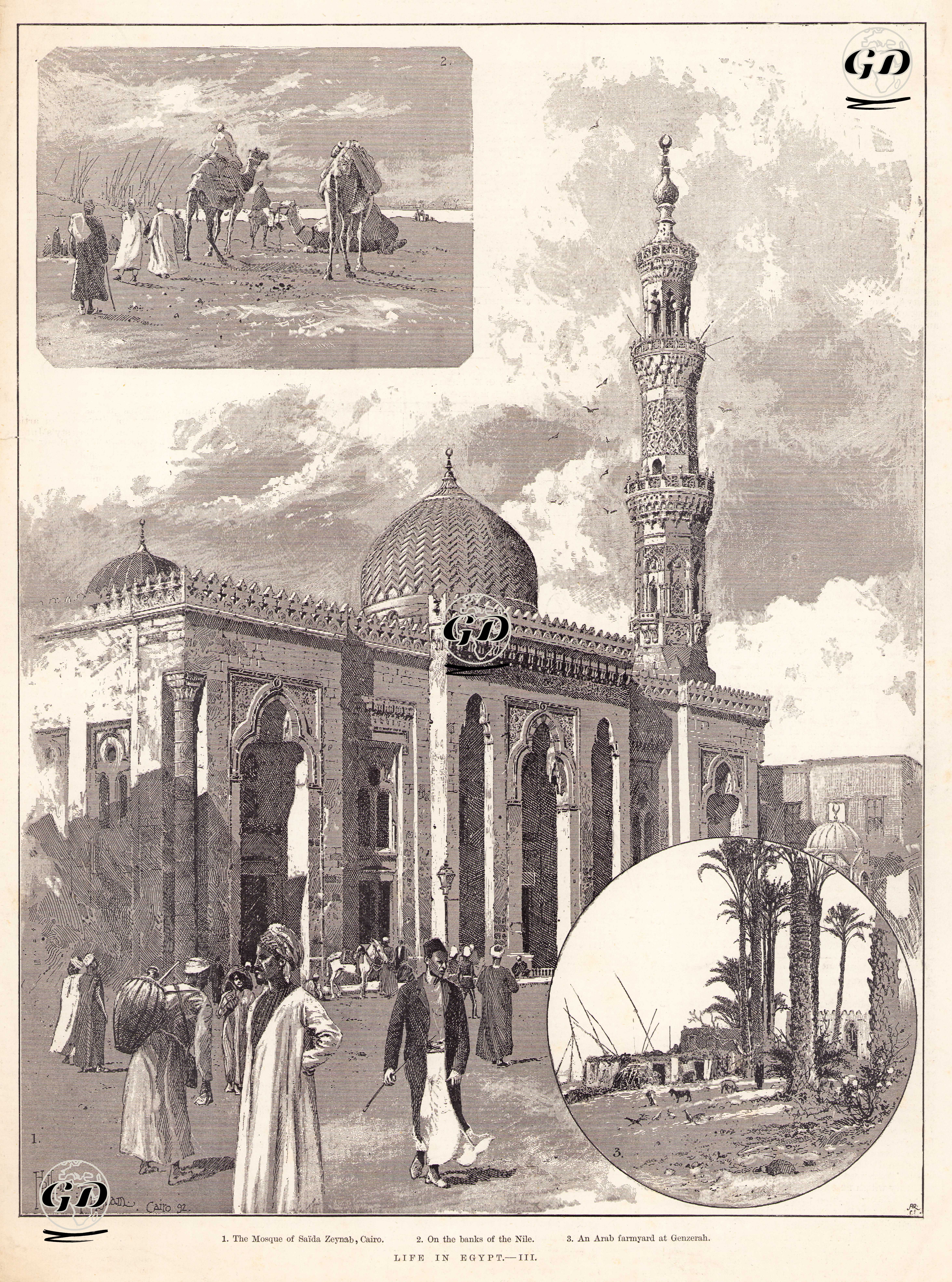 Mısr'da Yaşam-1.Kahire'de Seyyide Zeynep Cami 2.Nil Kıyısı 3.Genzerah'da Bir Çiftlik - Holland Tringham - 1893