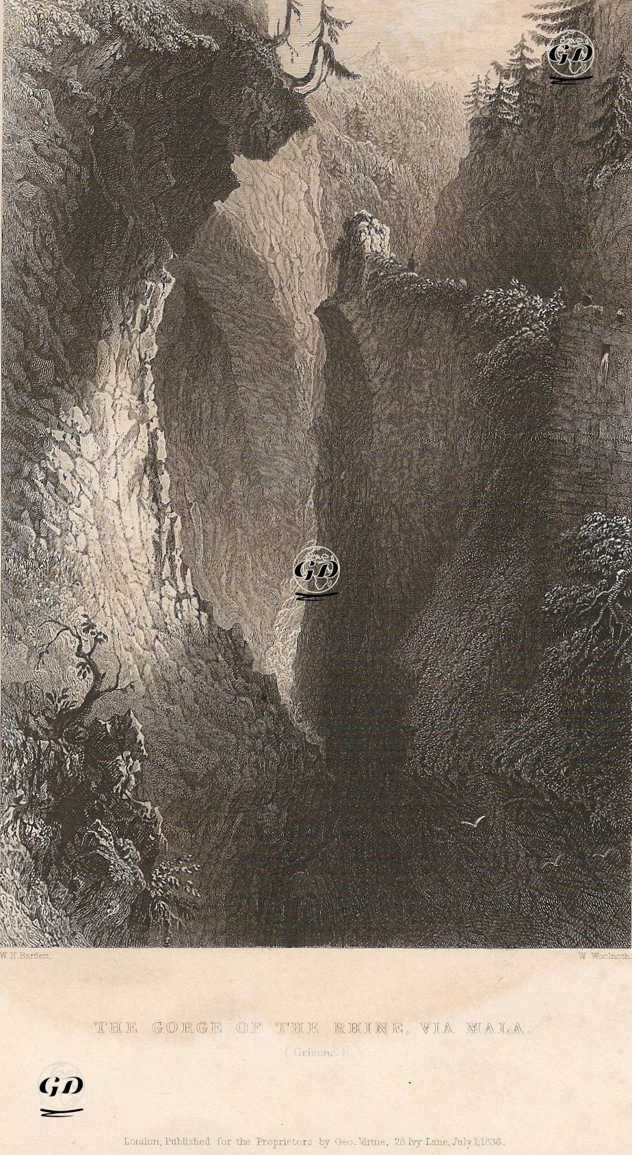 The Gorge of the Rhine, Via Mala (Grison)  - William Henry Bartlett (1809-1854) - 1836