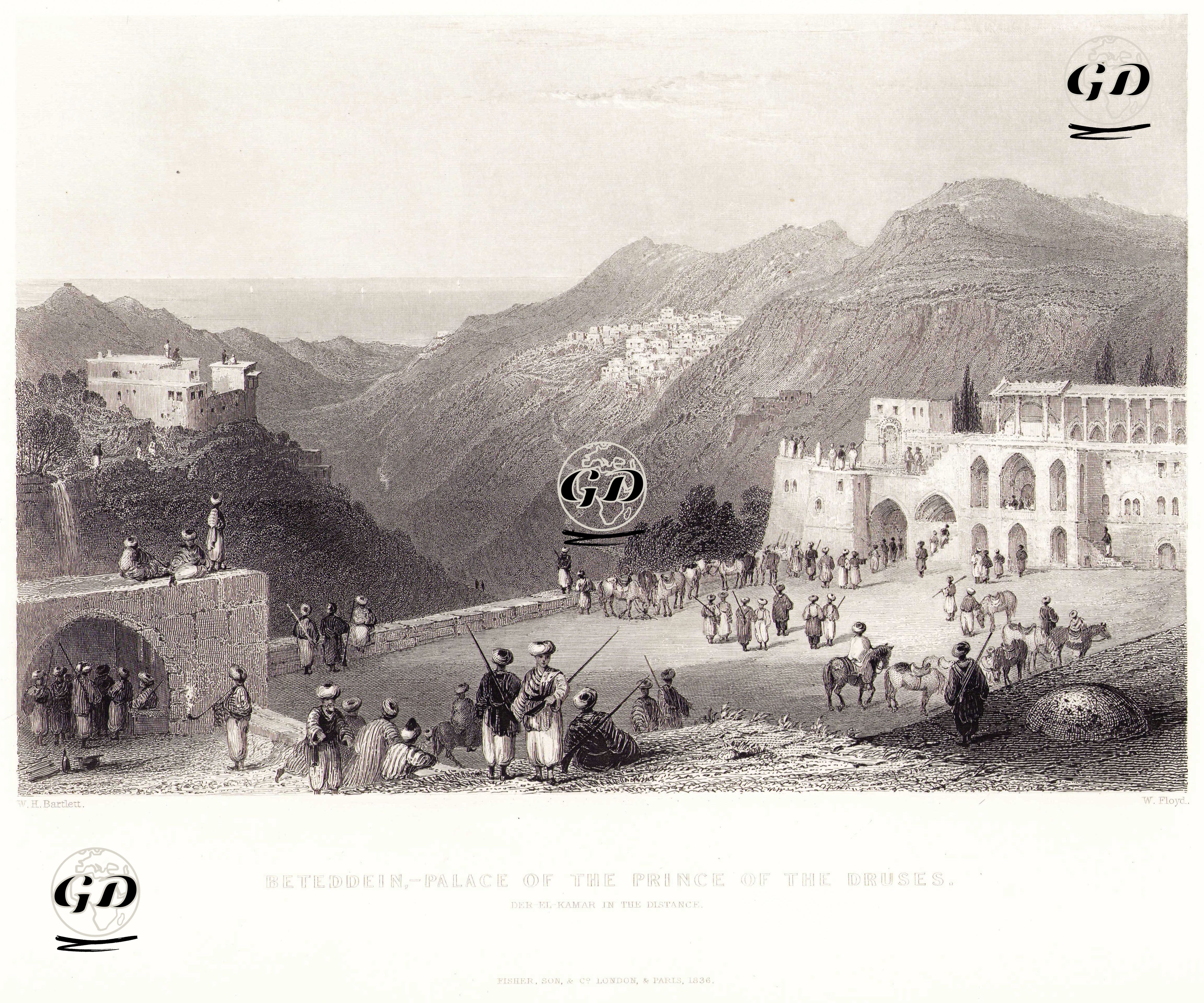  Beiteddine, Dürzi Prensin Sarayı, Uzakta Deir-El-Kamar - William Henry Bartlett (1809-1854) - 1836