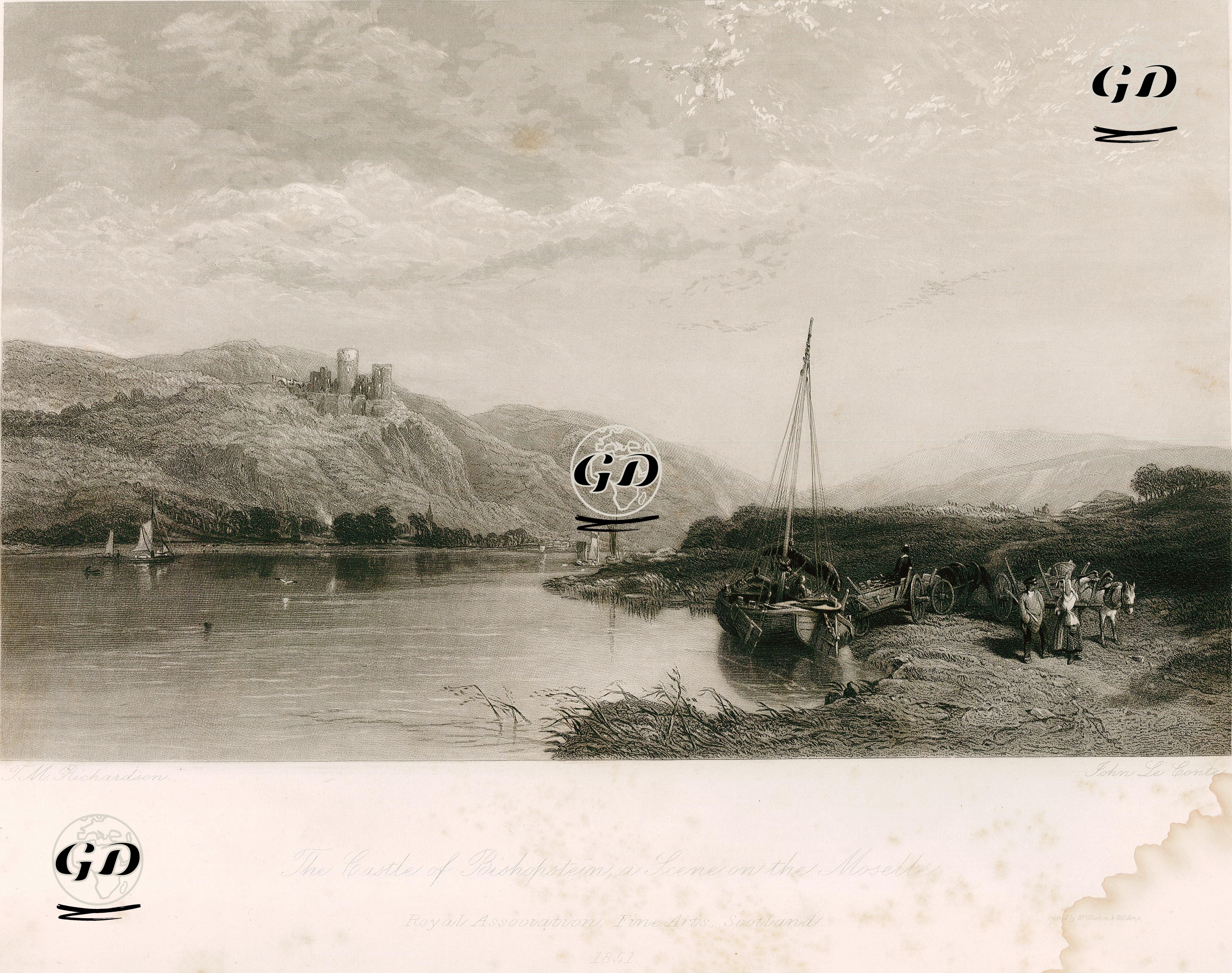 Moselle Nehri Üzerinde Bishopstein Kalesi - Thomas Miles Richardson (1813-1890) - 1851