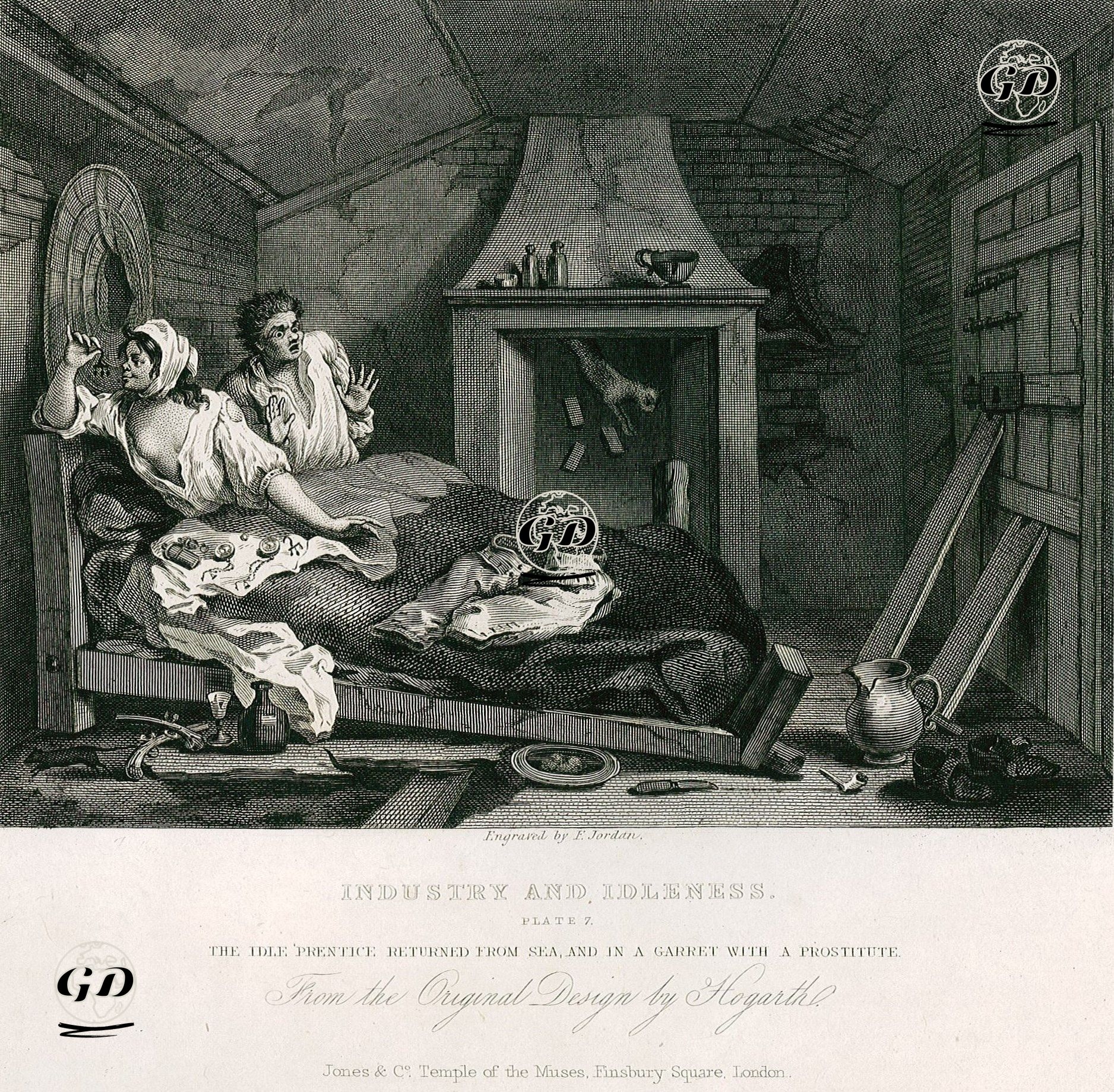 Industry And Idleness-The Idle Prentice Returned From Sea And in A Garret With A Prostitute-Plate 7 - William Hogarth (1697-1764) - 1833