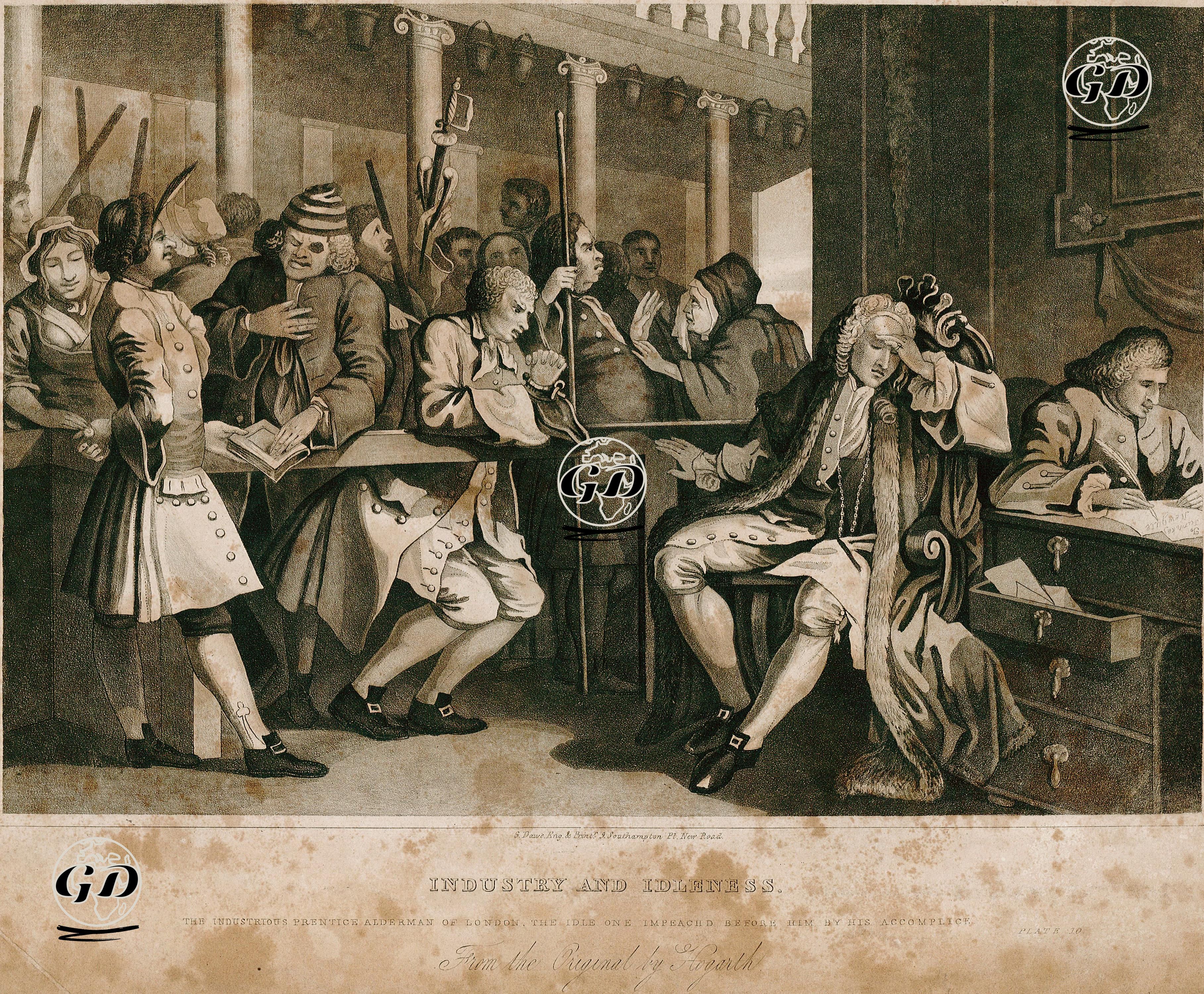 Industry And Idleness-The Industrious Prentice Alderman Of London, The Idle One Impeach'd Before Him By His 
Accomplice-Plate 10. - William Hogarth (1697-1764) - 1820's