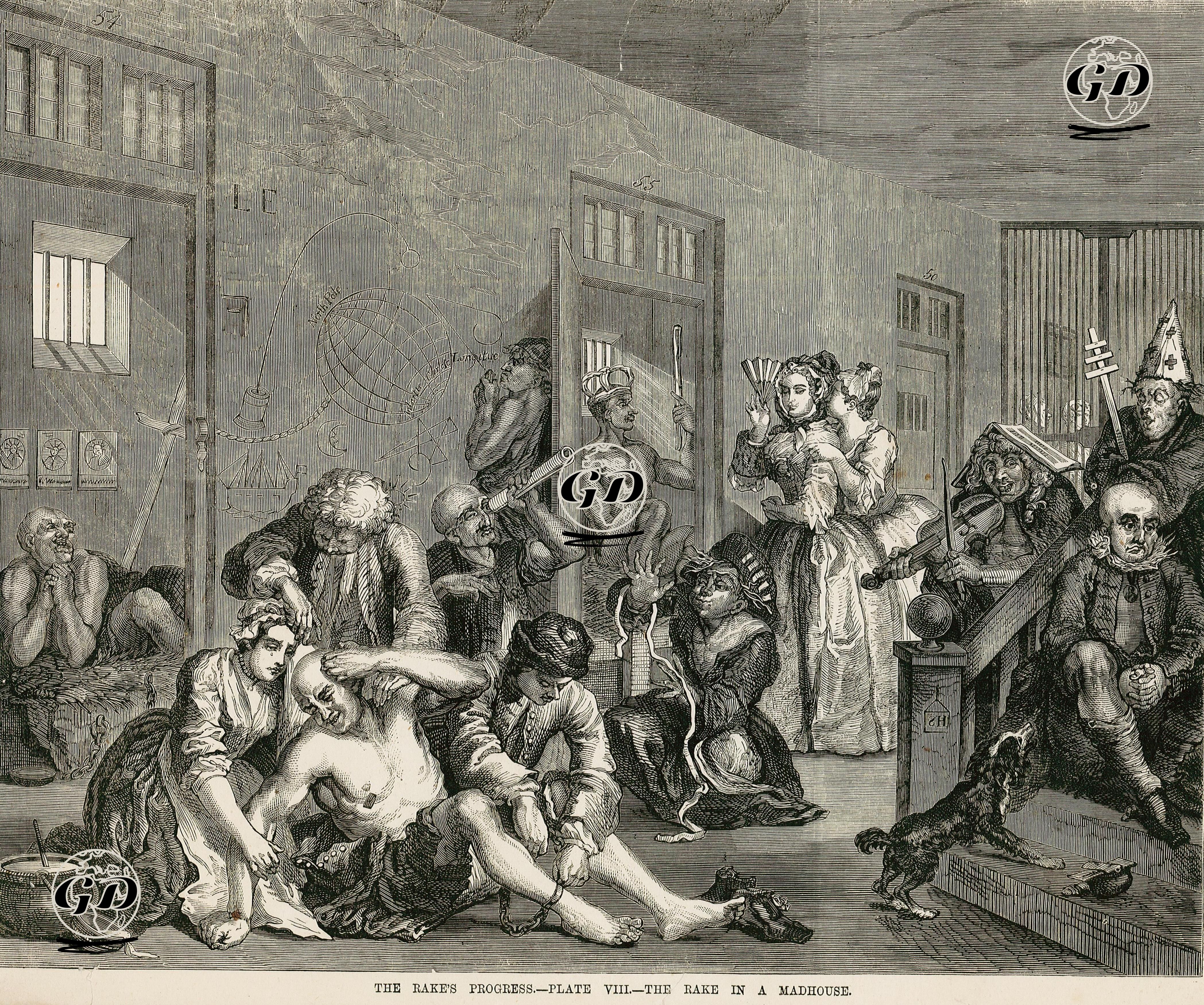 The Rake's Progress-Plate 8-The Rake In A Madhouse - William Hogarth (1697-1764) - 1870's