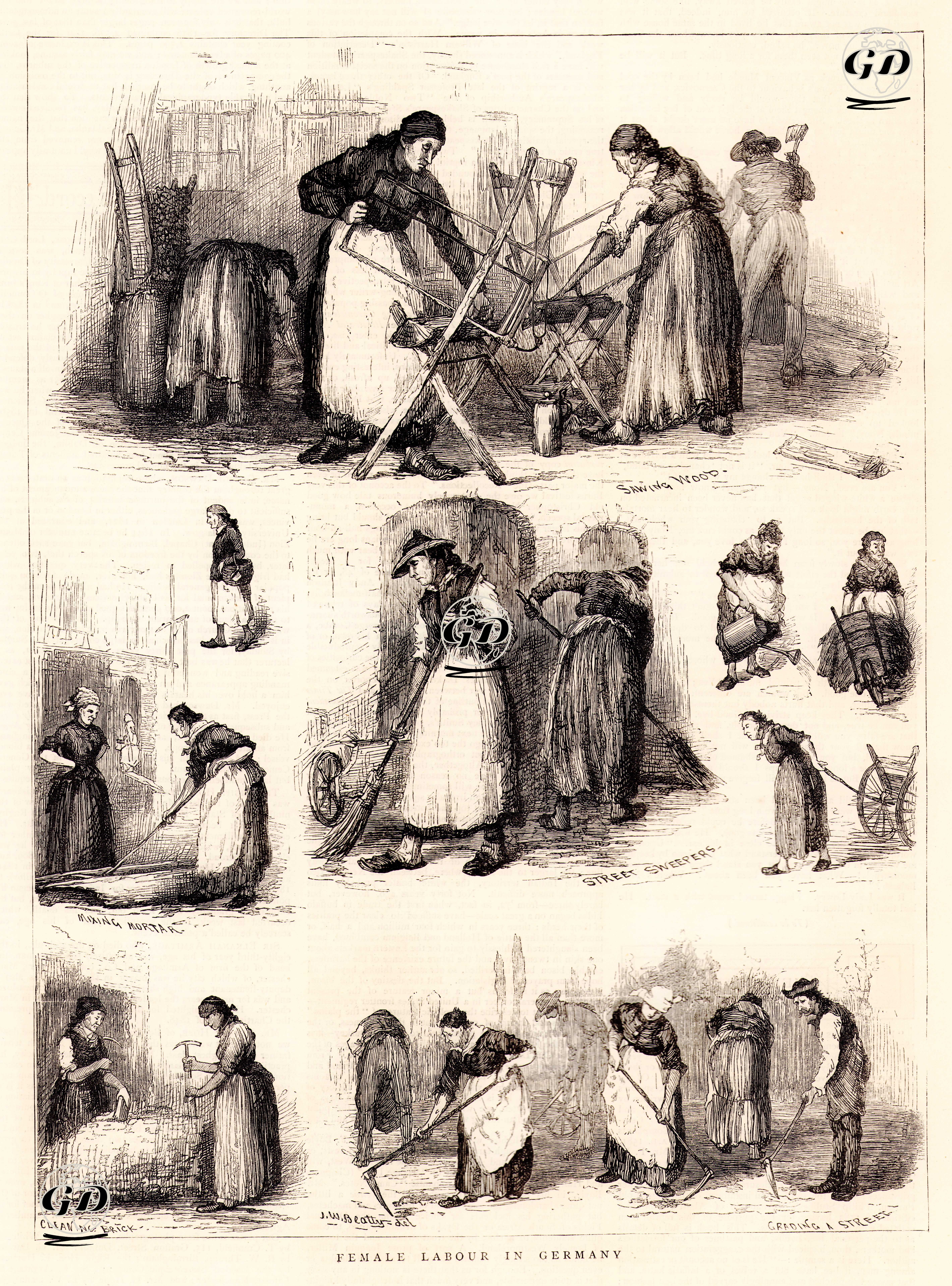 Female Labour in Germany-Sawing Wood, Mixing Mortar, Street Sweepers, Clearing Brick, Grading A Street  -  - 1876