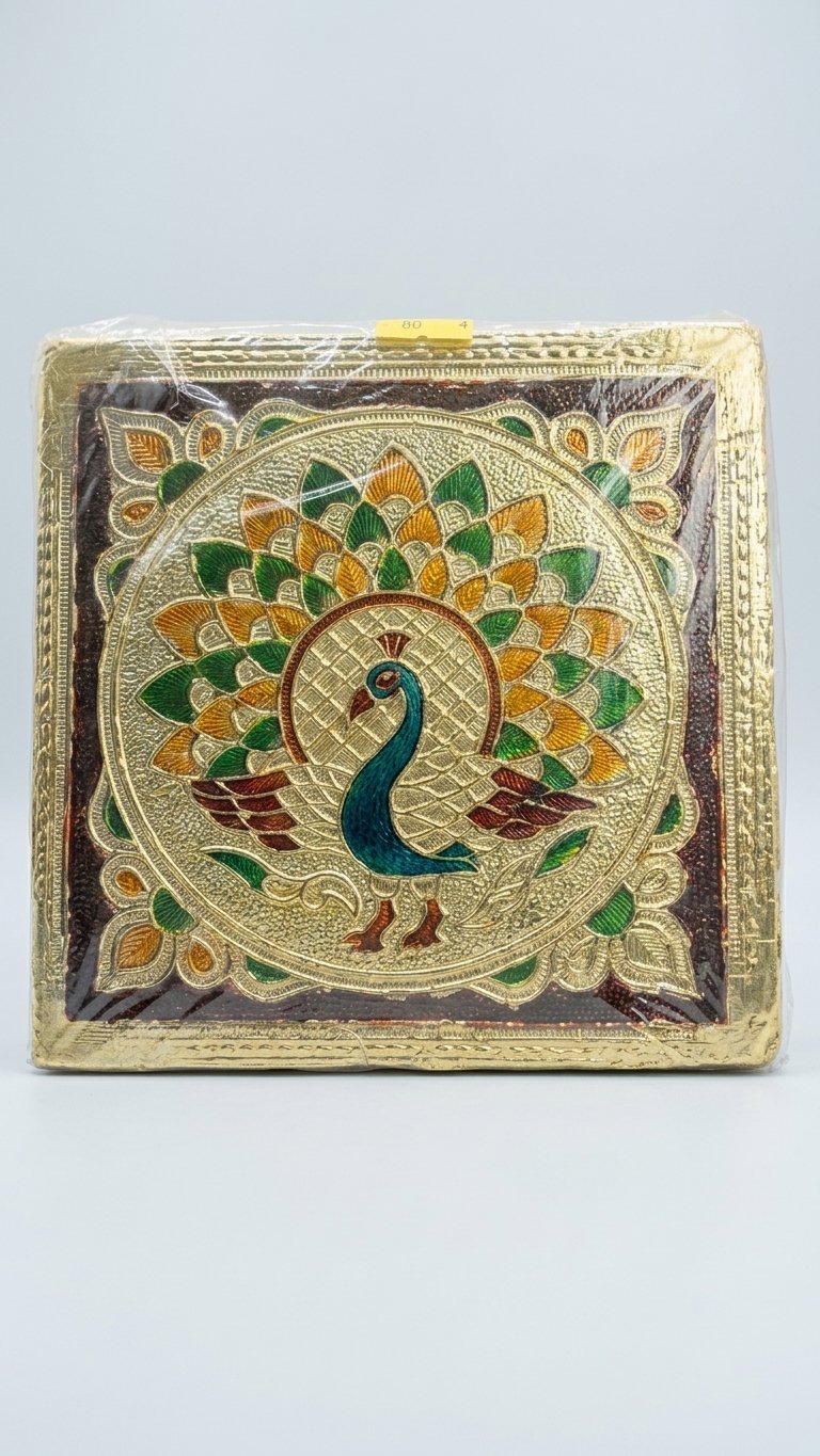 Peacock Design Golden Pooja Chowki (Size 4*4 )