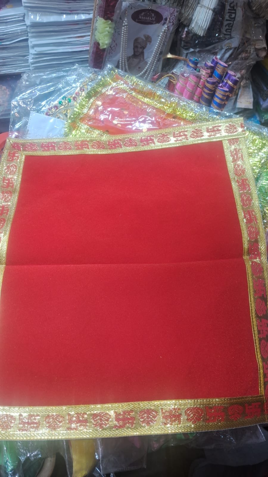 Red Pooja Cloth with Swastik Border