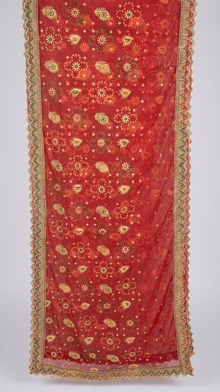 Red Printed Dupatta with Gold Border