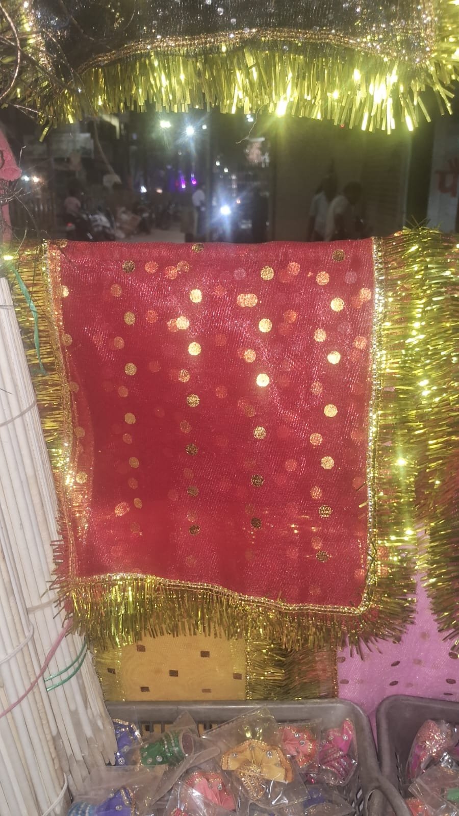 Red Pooja Chunri with Gold Fringe