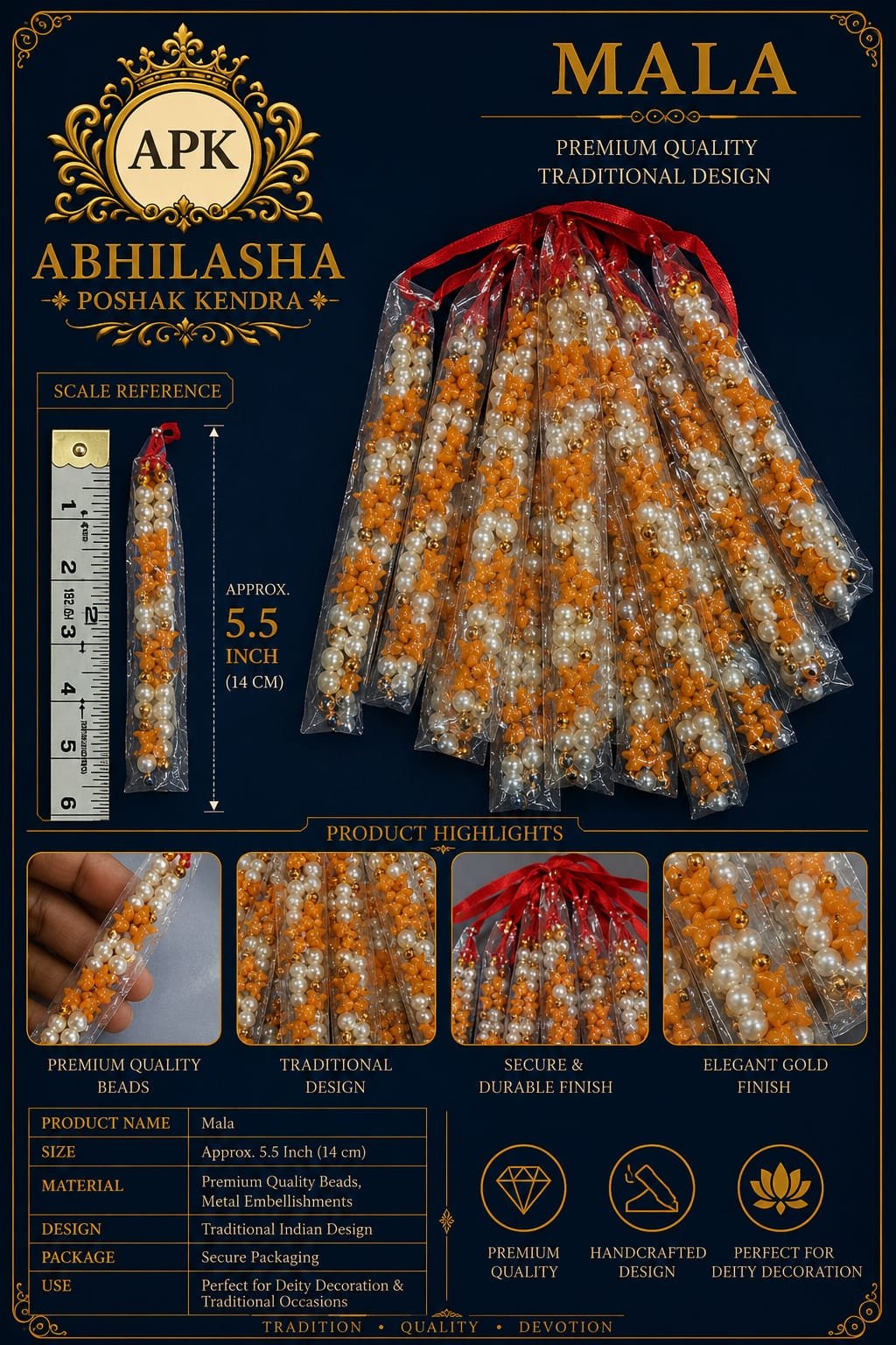Pearl and Orange Bead Deity Mala