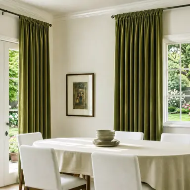 Moss Green Velvet Dining Room Curtains - Custom Headings - Unlined or with Thermal & Soundproof Lining