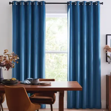 Steel Blue Velvet Dining Room Curtains - Custom Headings - Unlined or with Thermal & Soundproof Lining
