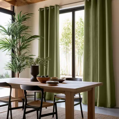 Olive Green Linen Dining Room Curtains - Custom Headings - Unlined or with Cotton, Blockout, Thermal & Soundproof Lining