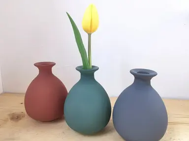 Matt Glass Bud Vase – Bottle Shaped | Orange, Grey & Green | 12cm Coloured Vase for Dried Flowers, Autumn & Home Décor