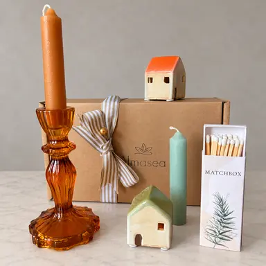 Dinner Candle Gift Set | Sage & Rust LED Houses & Matchbox
