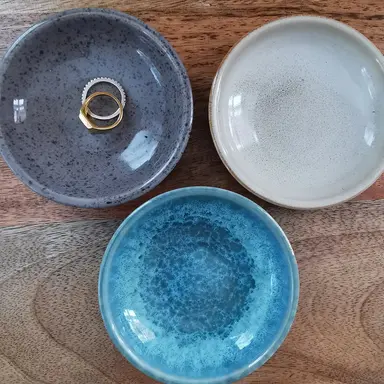 Reactive Glazed Trinket Dish – Blue, Stone & Mocca