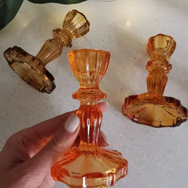 Textured Glass Candlestick Holder Cognac