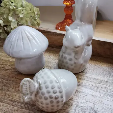 Woodland Ornament Set – Ceramic Mushroom, Squirrel & Acorn