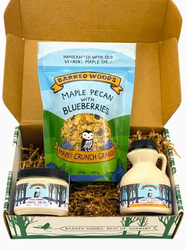 Maple Gift Box with a Jug of Pure Vermont Maple Syrup,  a 10 oz Bag of Maple Crunch Granola, and  a Jar of Delicious Maple Cream