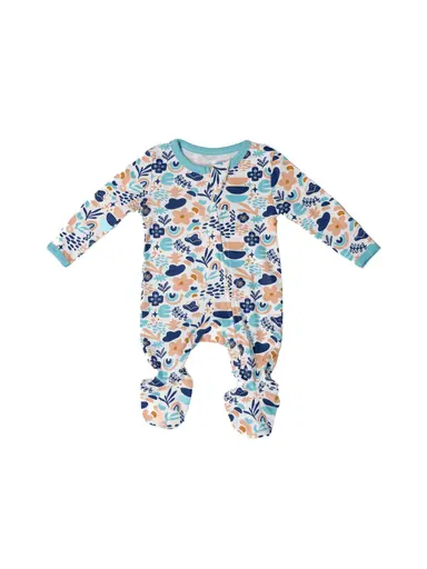 The Softest Two-Way Zipper Sleeper Made With Organic Cotton In Our Peachy Blue Boho Print