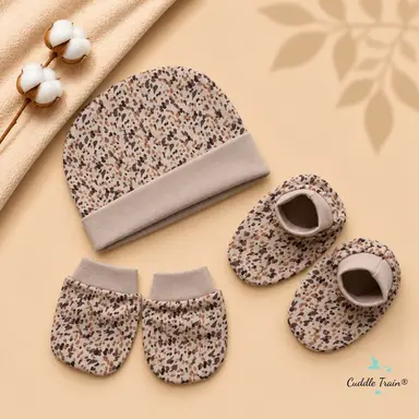 Cotton Cap Mittens Booties Set โ Spotted Latte