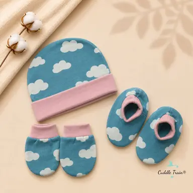Cotton Cap Mittens Booties Set โ Cloudy Blue