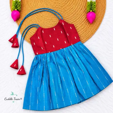 Red & Cyan Blue Dupion Silk Knot Frock
